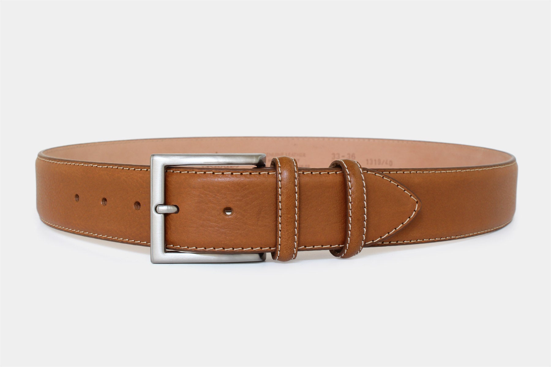 Men’s tan vegetable-tanned grained Italian leather belt with silver buckle. Made in Italy. 40 mm wide