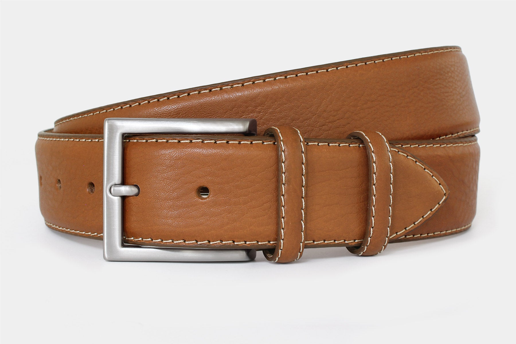 Men’s tan grained Italian leather belt, handmade in Italy with silver buckle and contrast stitching. 40mm wide.