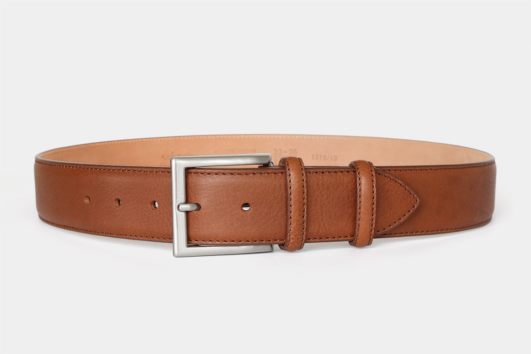 Men’s tan grained Italian leather belt with tonal stitching and silver buckle. Made in Italy. 40 mm wide