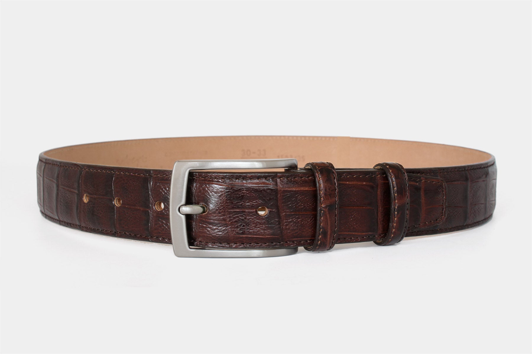 Men's brown crocodile genuine leather belt with classic solid brass buckle, Handmade in Italy