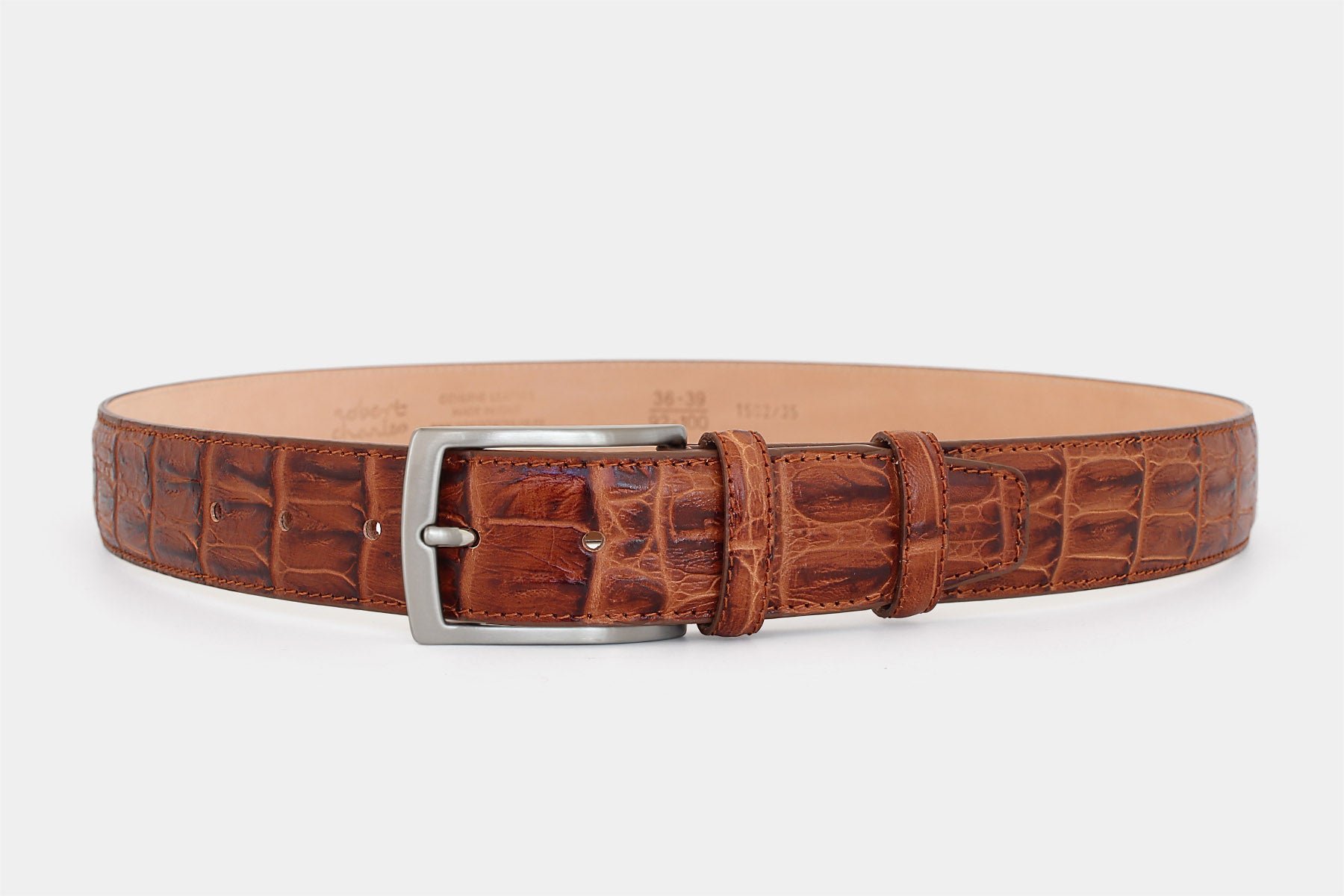 Men's tan crocodile genuine leather belt with classic solid brass buckle, Handmade in Italy
