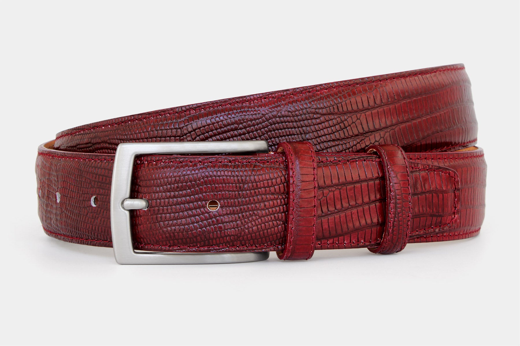 Men's bordeaux snake skin genuine leather belt handmade in Italy with silver buckle, angled product view