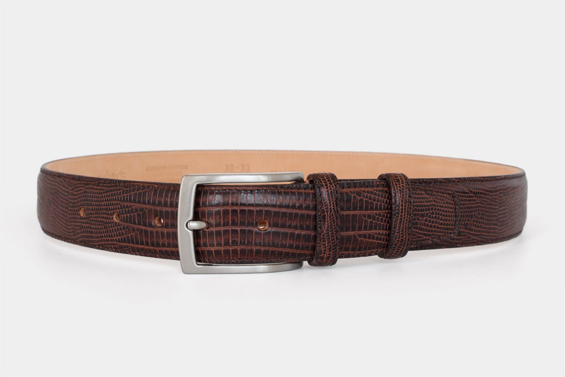 Men's brown snake skin genuine Italian leather belt with classic solid brass buckle. Handmade in Italy.