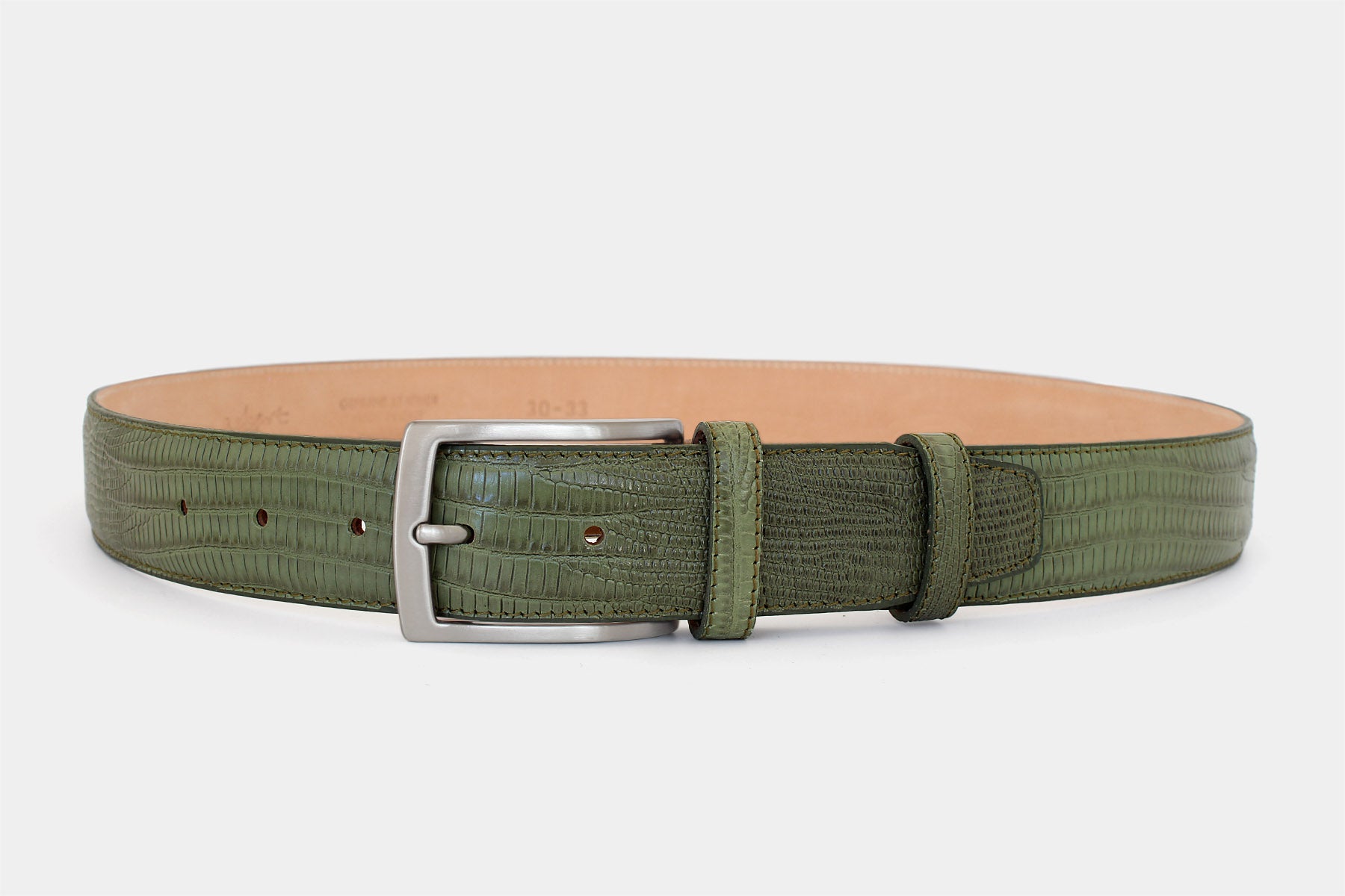 Men's olive snake skin genuine Italian leather belt with classic solid brass buckle. Handmade in Italy.