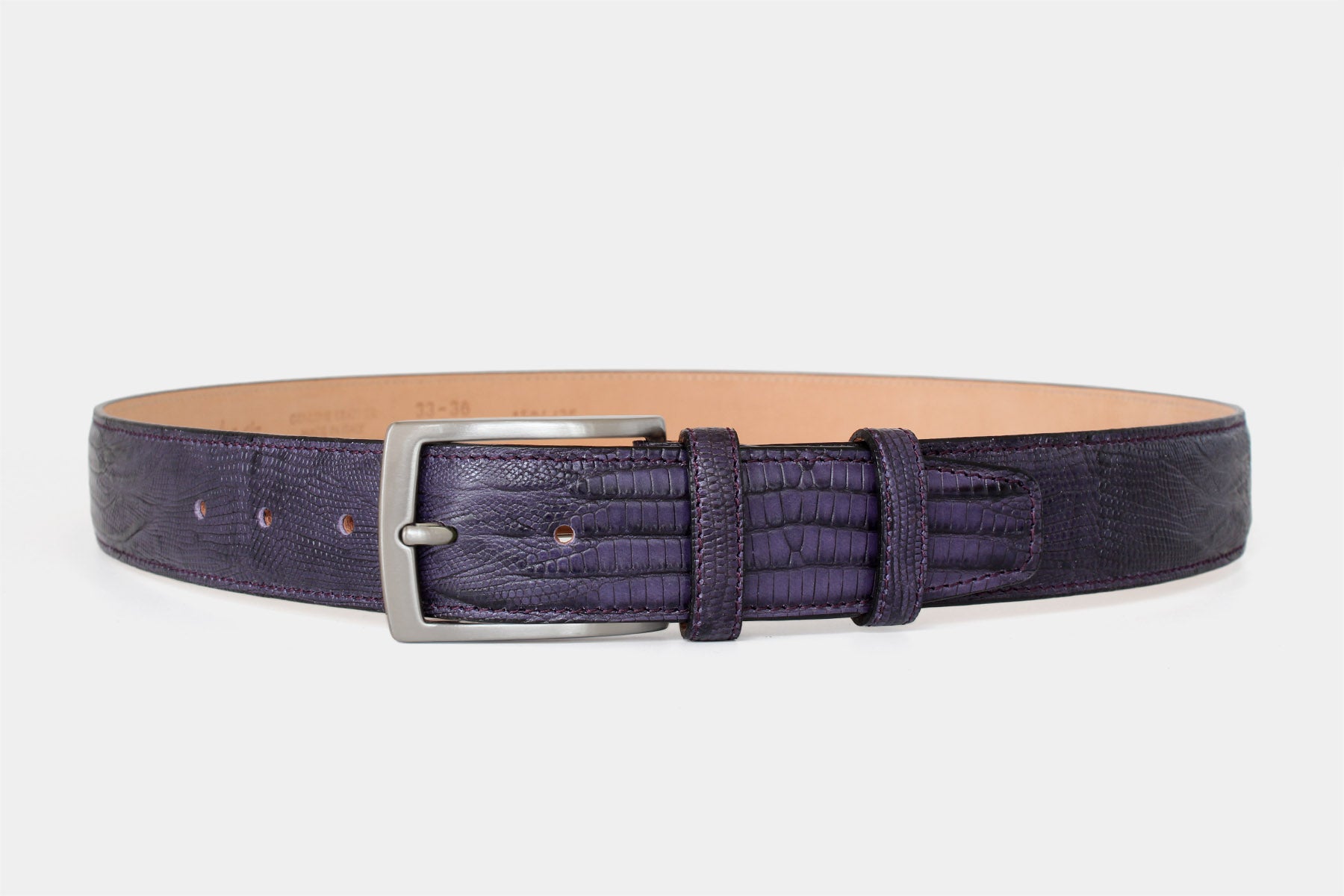 Men's purple snake skin genuine leather belt with classic solid brass buckle, Handmade in Italy