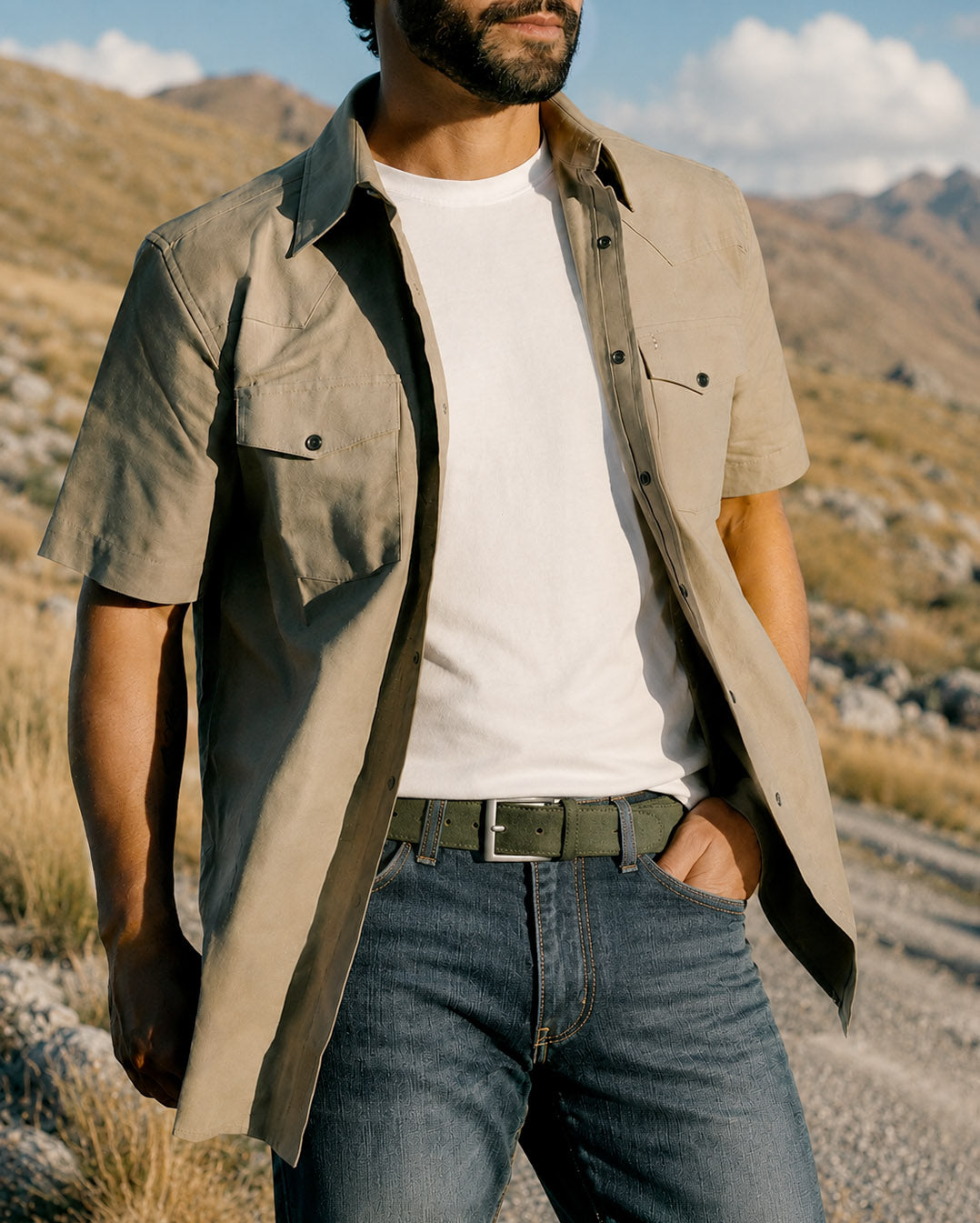 Men's suede leather belt styled with jeans for casual and smart casual wear