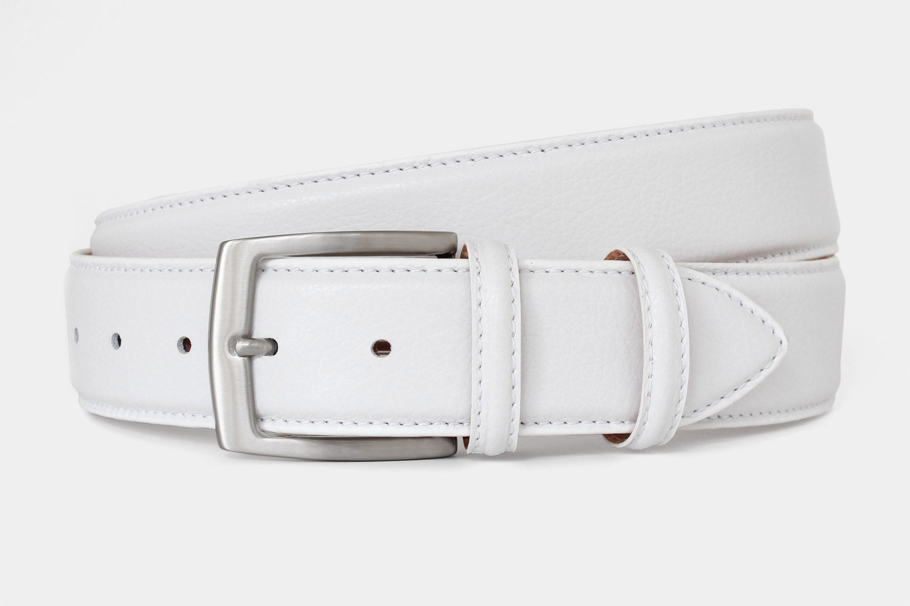 Men's white grained leather belt, 40mm wide, handmade in Italy with silver buckle, angled product view