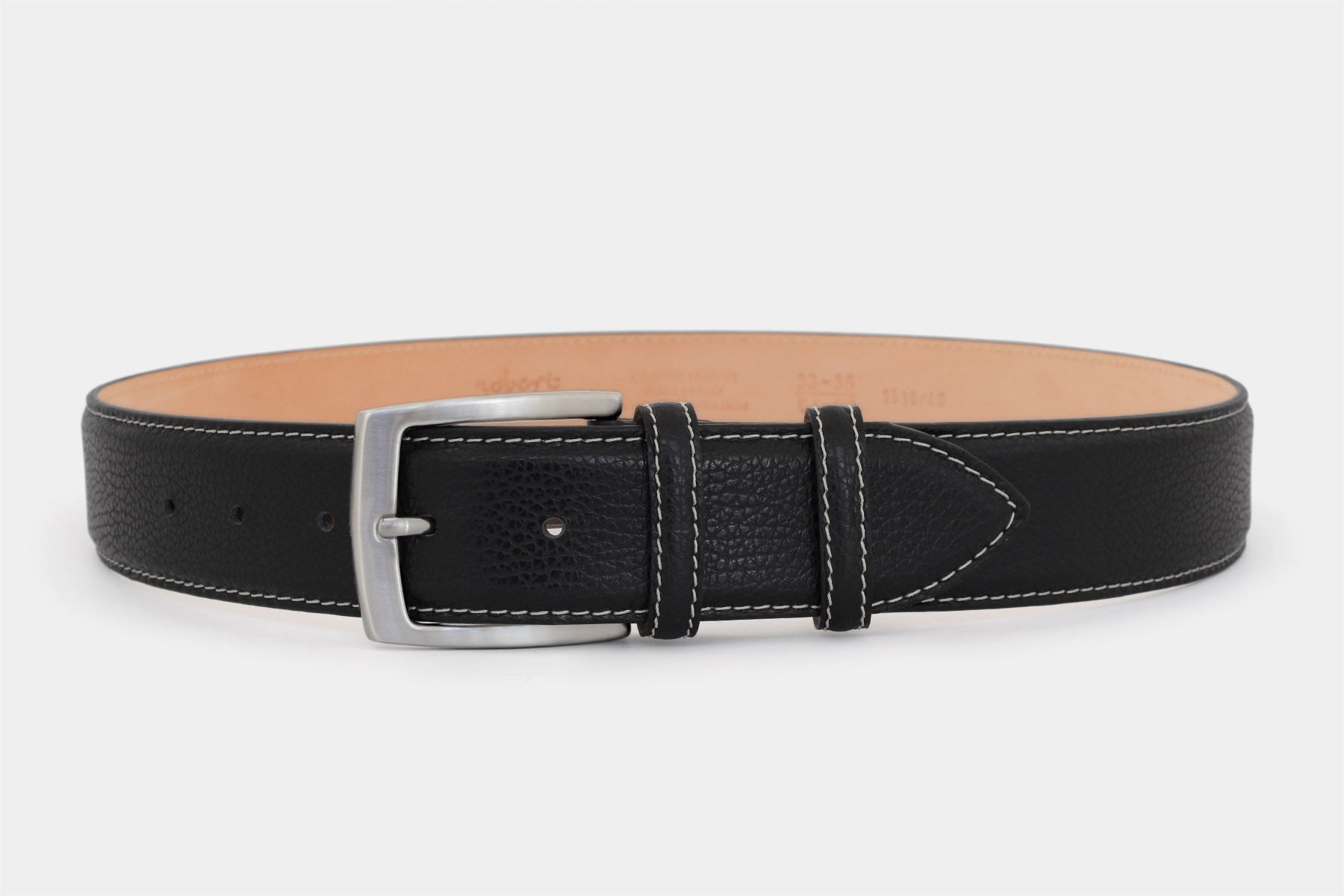 Men's black grained leather belt, 40mm wide, handmade in Italy with silver buckle.