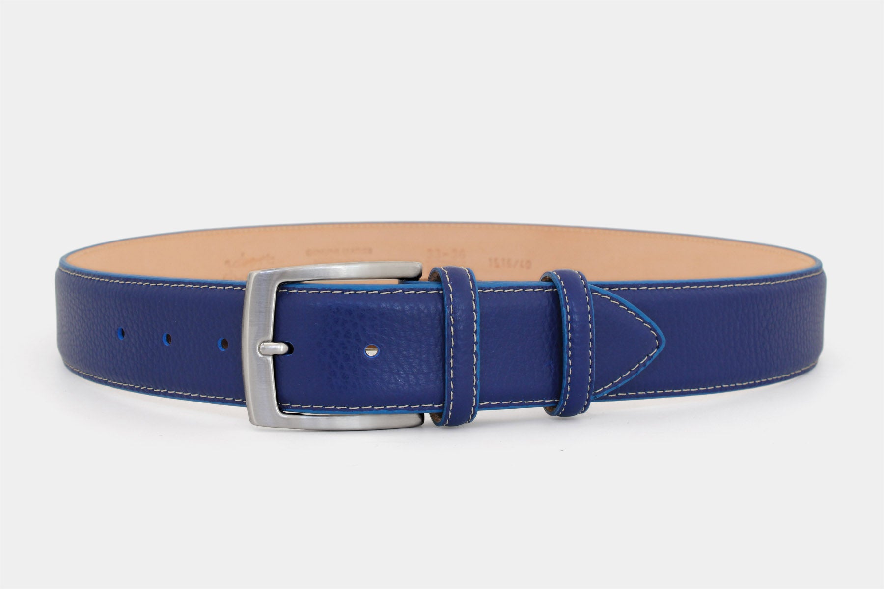 Men's blue grained leather belt, 40mm wide, handmade in Italy with silver buckle.