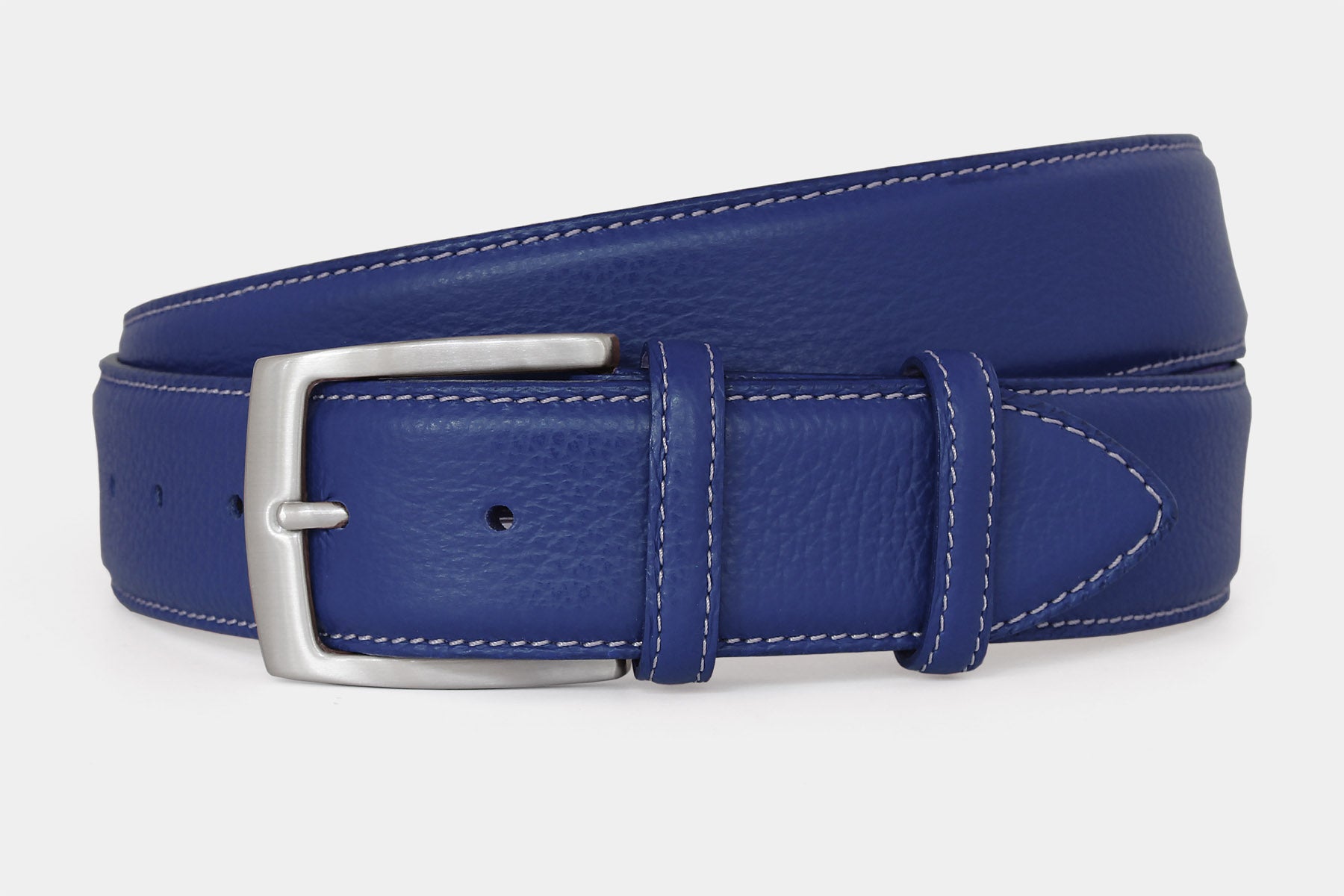 Men's blue grained leather belt, 40mm wide, handmade in Italy with silver buckle, angled product view
