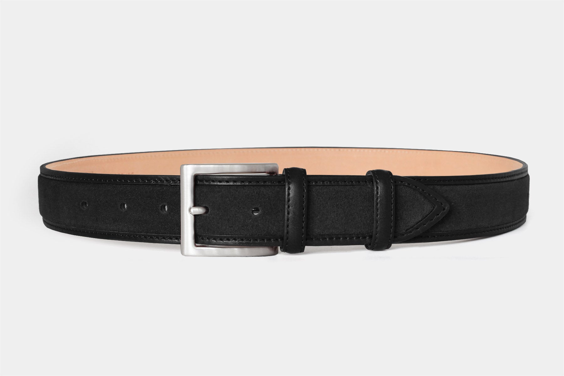 Men’s black suede Italian leather belt with smooth leather edging and a silver brass buckle. Handmade in Italy. 