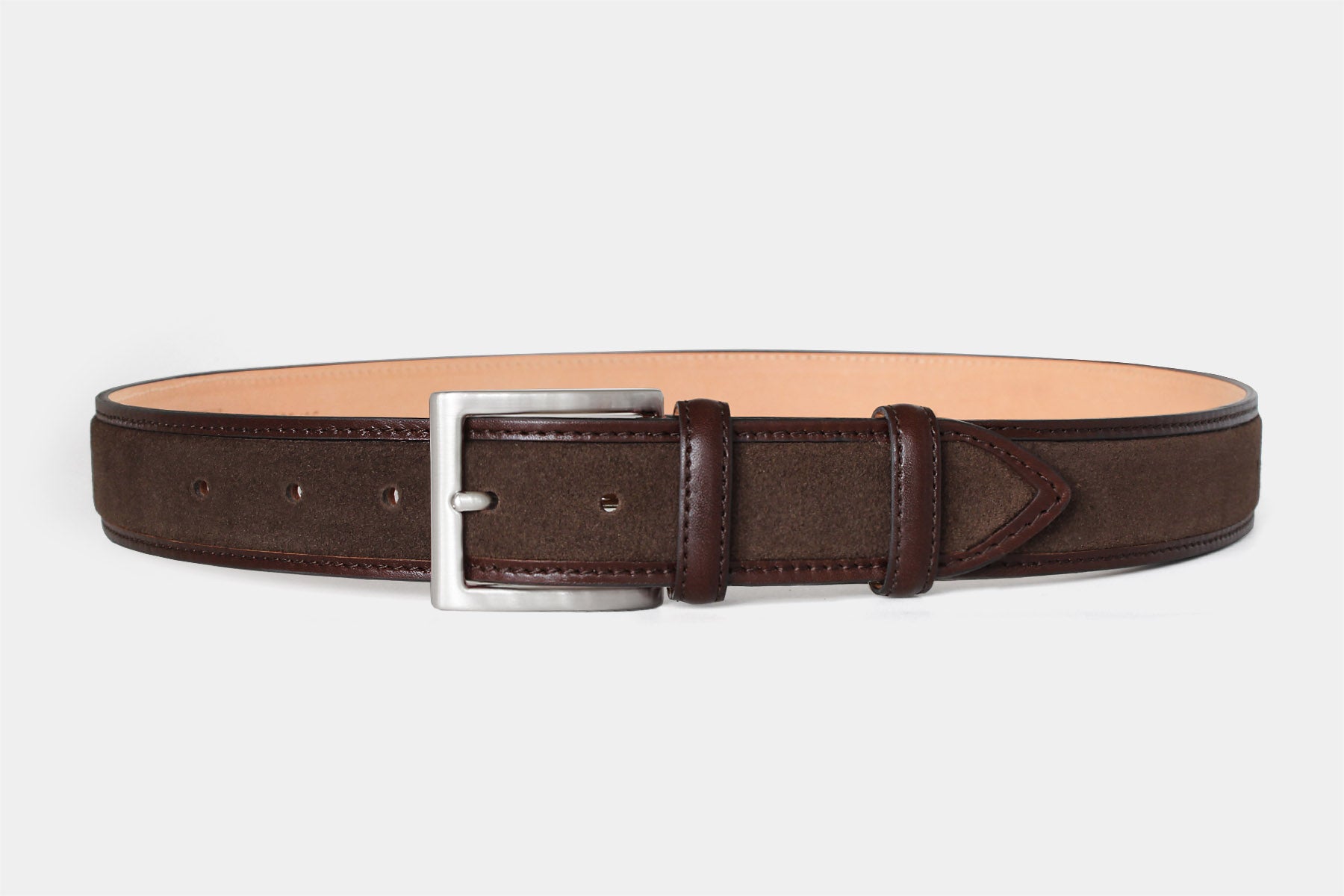 Men’s brown suede Italian leather belt with smooth leather edging and a silver brass buckle. Handmade in Italy. 