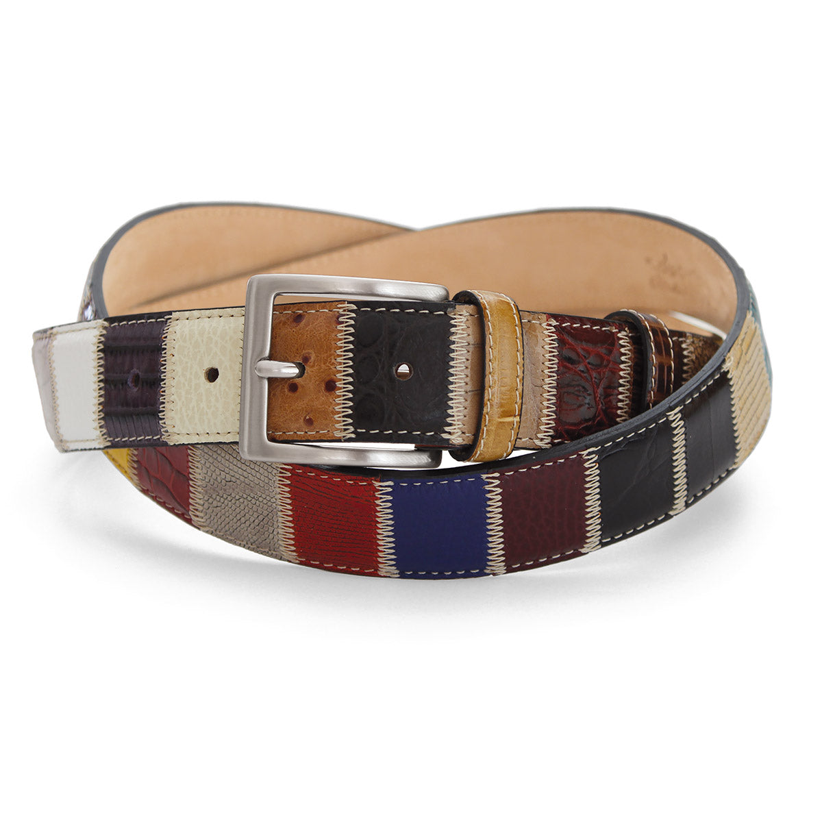 Men’s multicolour patchwork Italian leather belt detail with silver buckle. Made in Italy. Vibrant and individual.