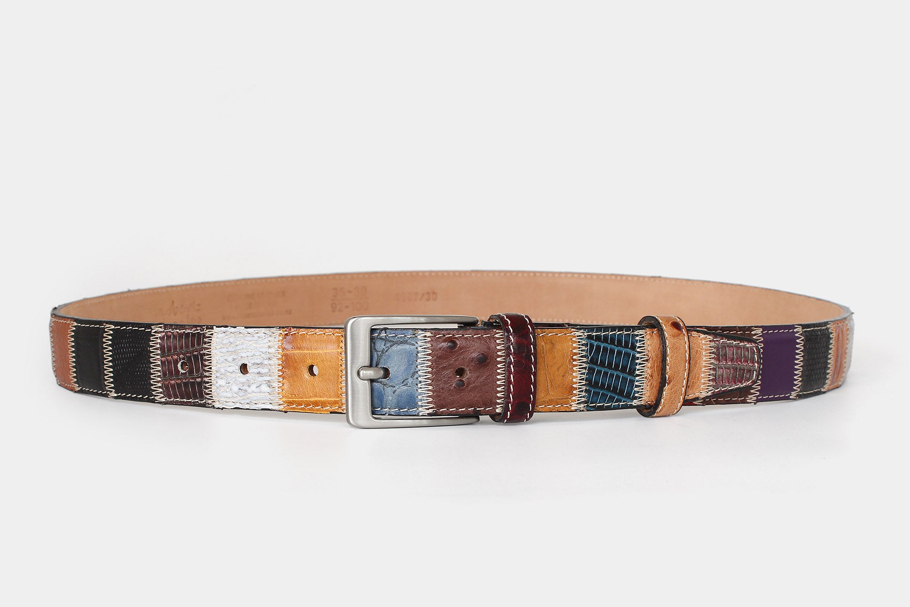 Men’s multicolour patchwork Italian leather belt with silver buckle in slim 30mm. Handmade in Italy.