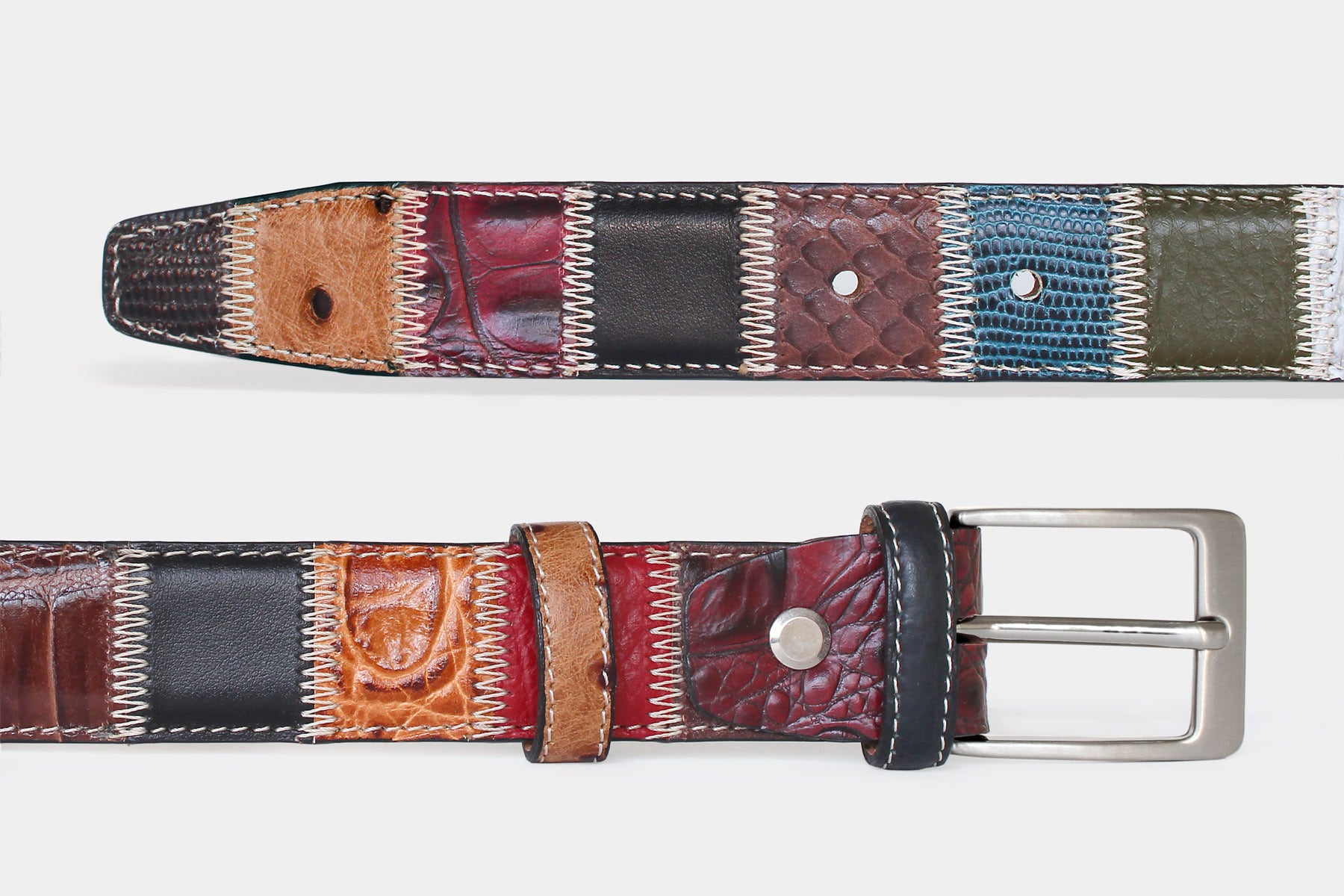 Men’s multicolour patchwork Italian leather belt detail with silver buckle. Handmade in Italy by artisans.