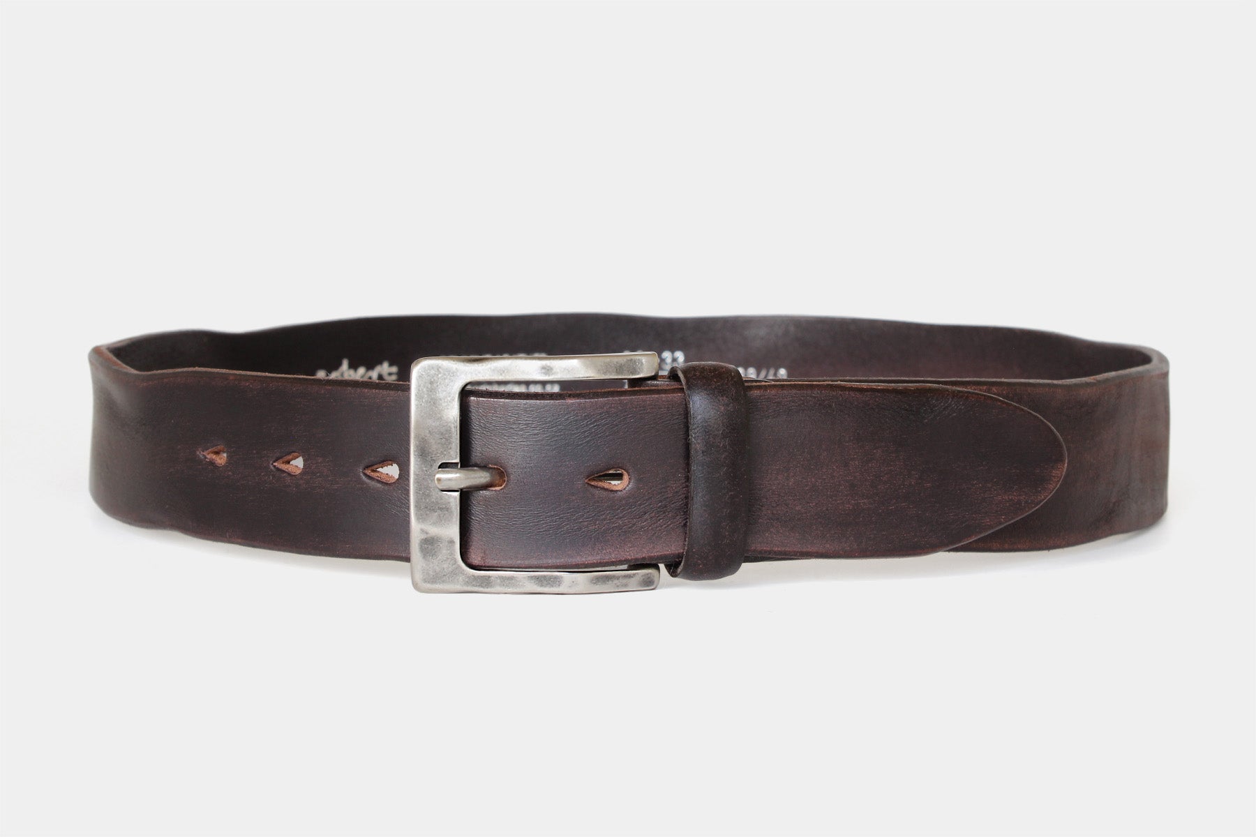Women's brown raw cut solid hide Italian leather belt with a weathered buckle. Handmade in Italy.