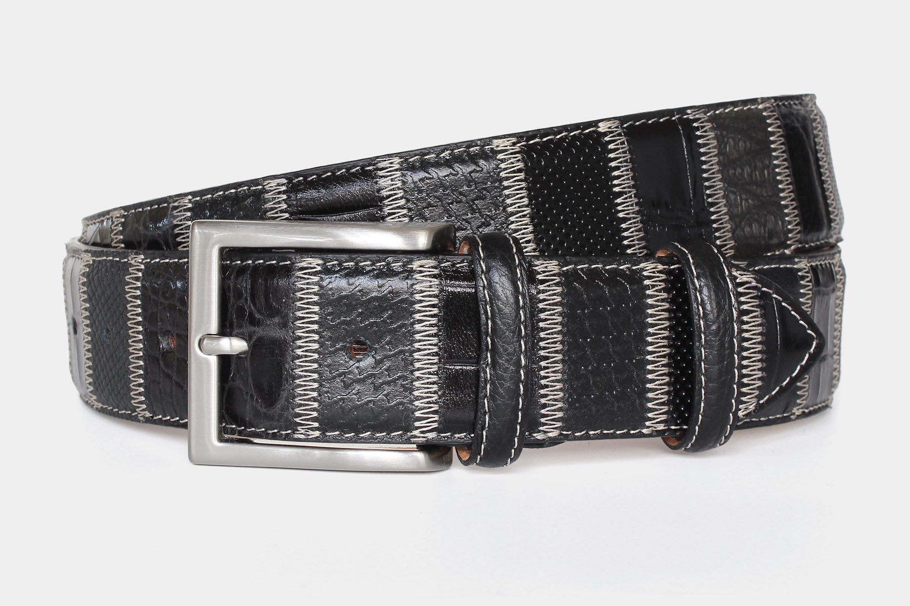 Men’s Italian leather patchwork belt in black, with solid brass buckle in 40mm width. Individually handcrafted in Italy.