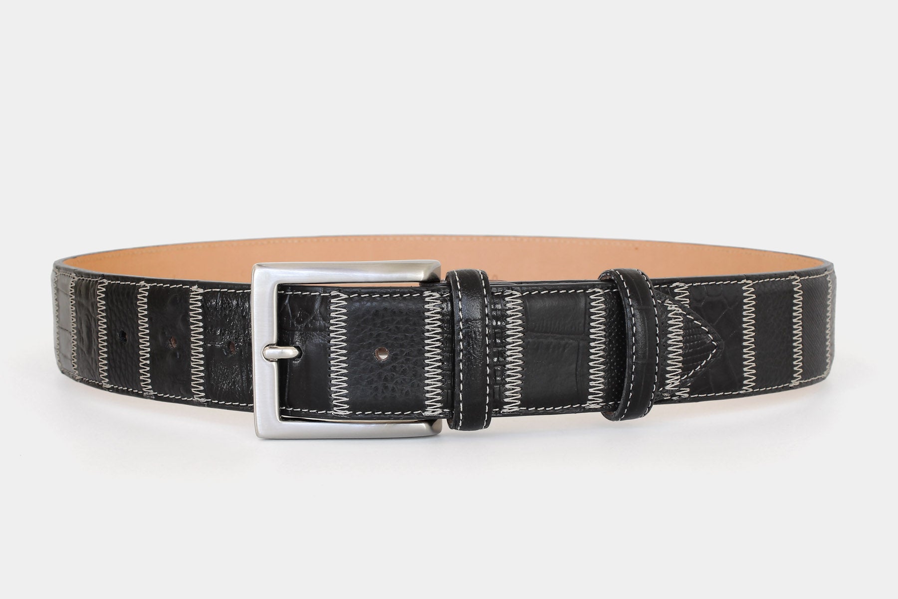 Men’s black patchwork leather belt – Italian leather – solid brass buckle – 40mm - Robert Charles