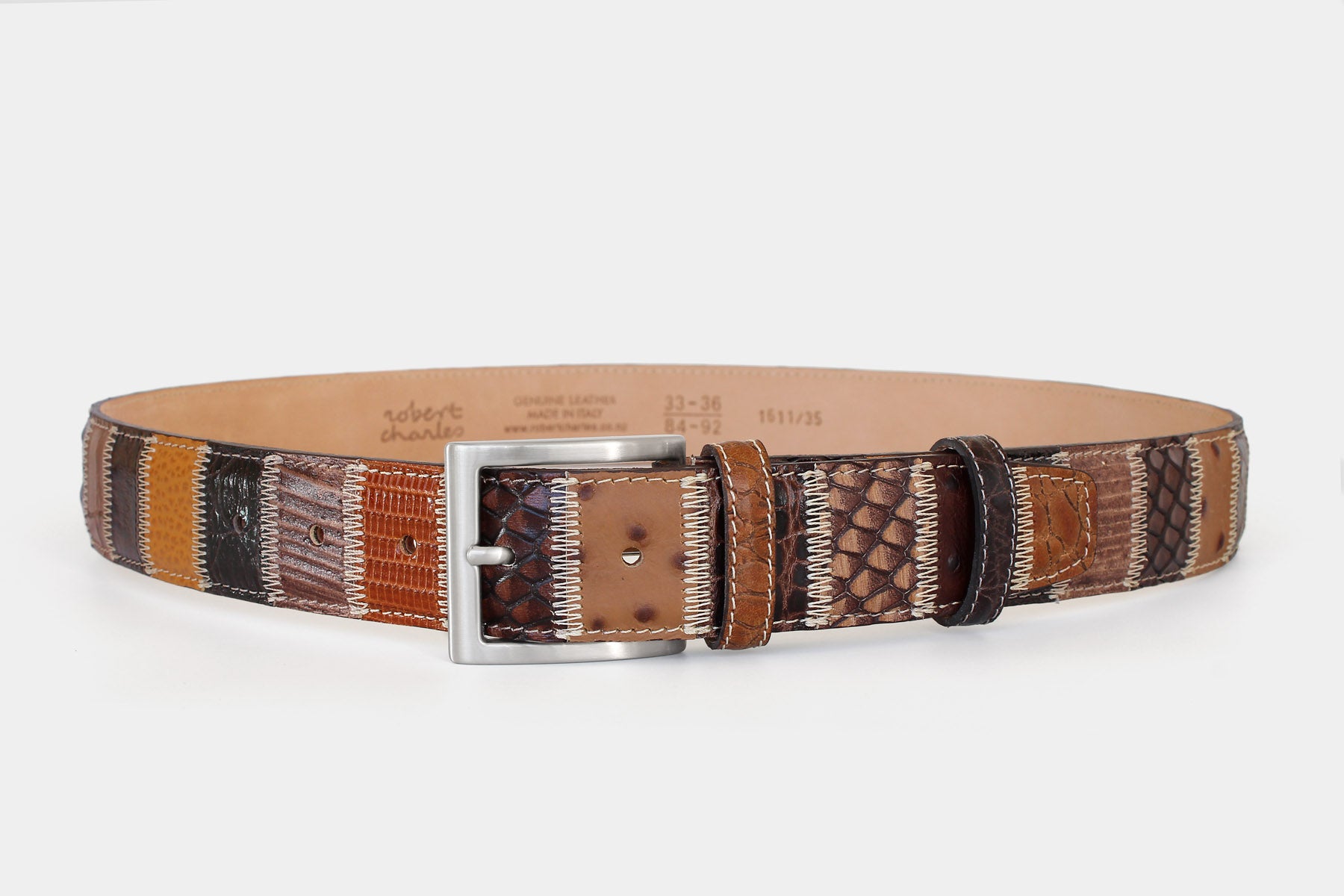 Men’s patchwork leather belt – Italian leather in warm brown tones – solid brass buckle – 35mm -Robert Charles