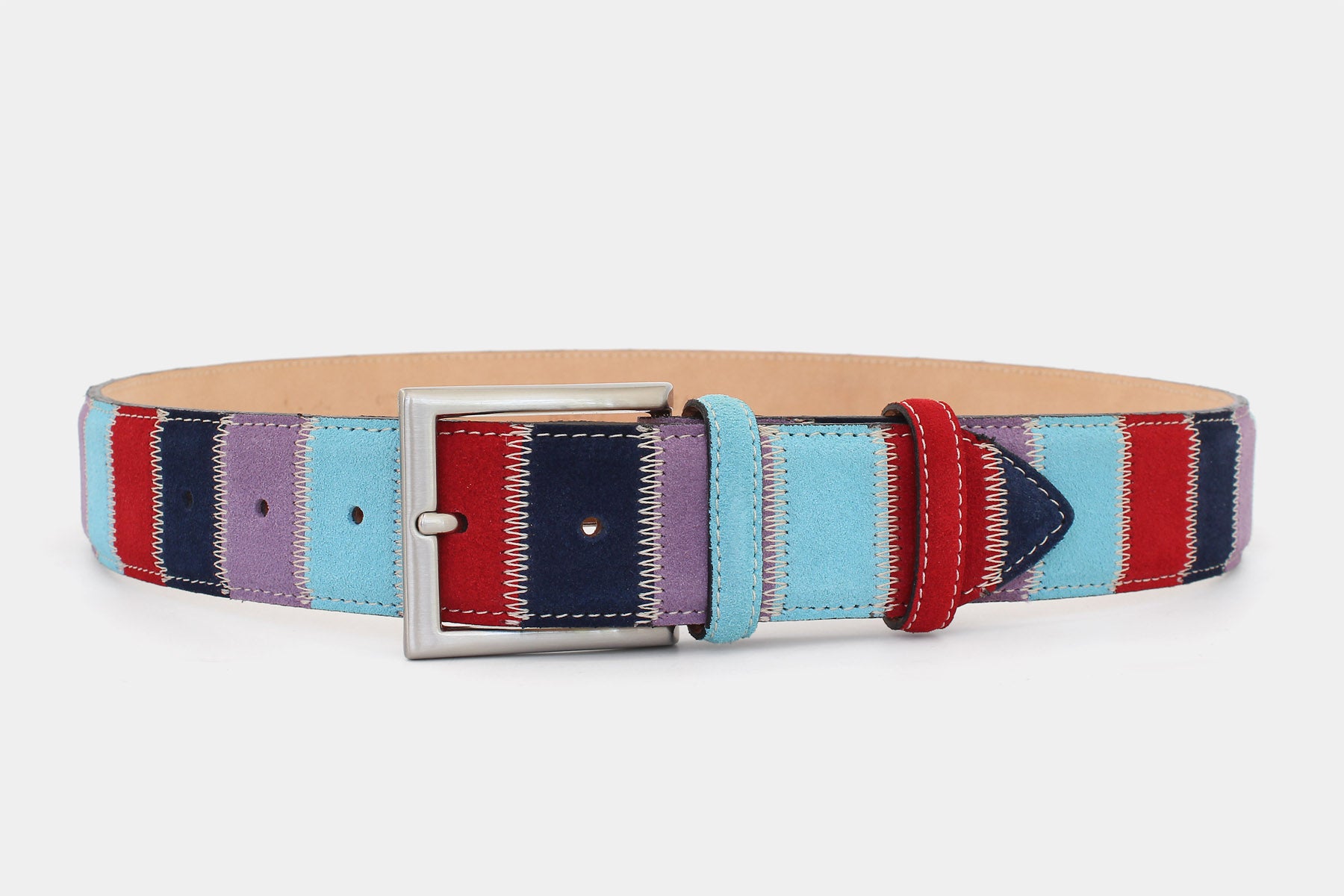 Men’s patchwork leather belt in red, navy, purple and sky blue. Handmade in Italy with silver buckle, 40mm width.
