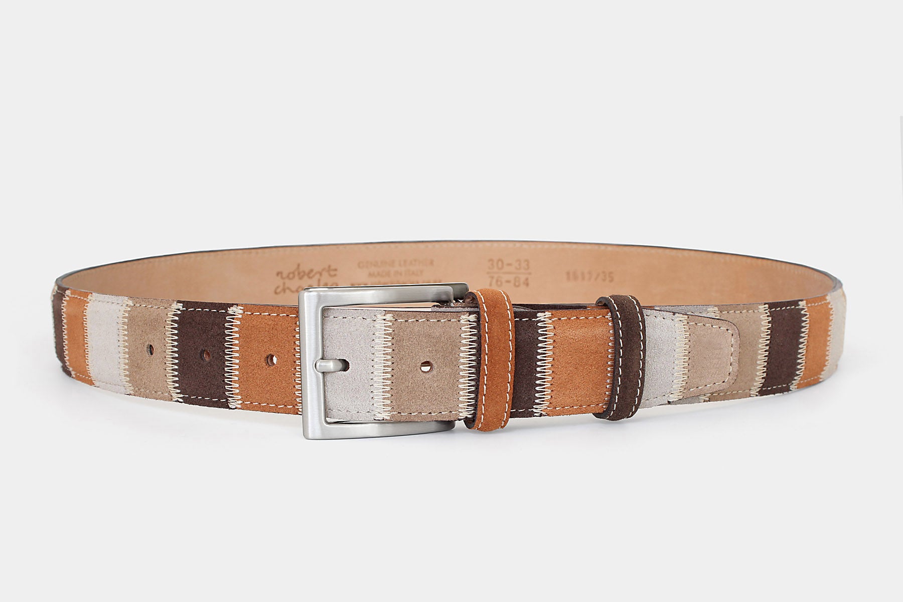 Men’s suede patchwork leather belt – Italian leather in warm brown and beige tones with  solid brass buckle