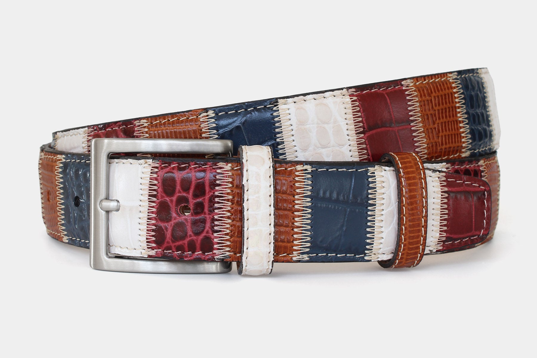 Men’s Italian leather multicolour patchwork belt, with solid brass buckle. Individually handcrafted in Italy.