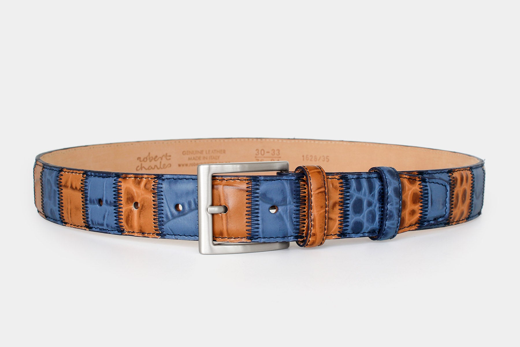 Men’s patchwork leather belt – Italian leather in blue and tan – solid brass buckle – Robert Charles