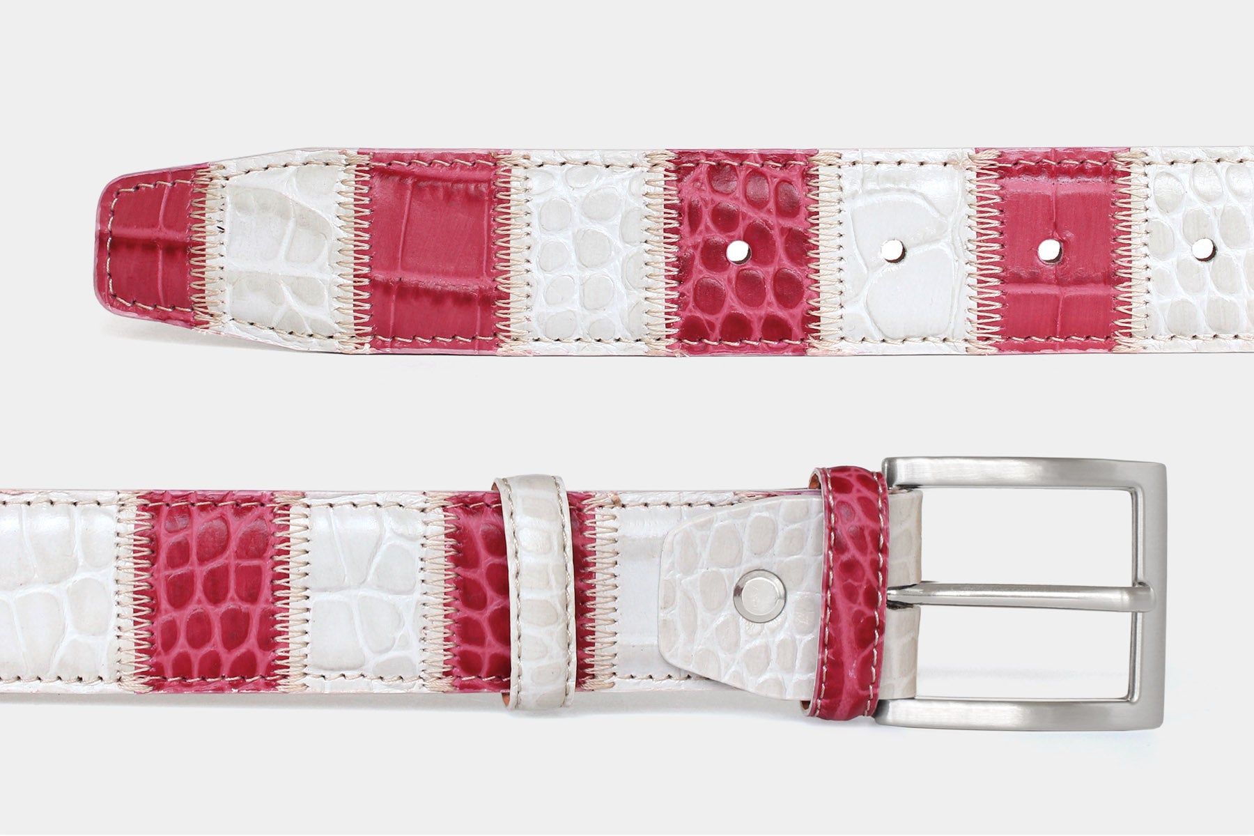Men’s white and pink patchwork Italian leather belt with silver buckle. Handmade in Italy.