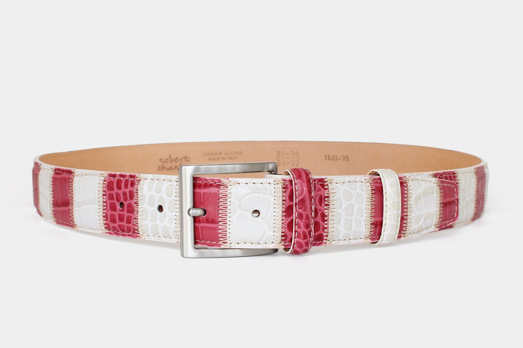 Men’s patchwork leather belt – Italian leather in white and pink – solid brass buckle – Robert Charles