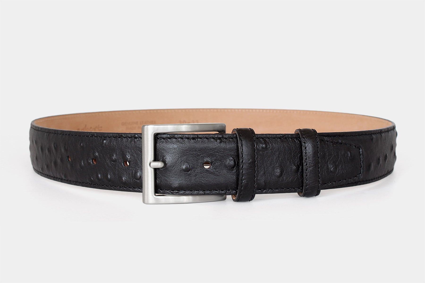 Men's black ostrich genuine Italian leather belt with solid brass buckle. Handmade in Italy.