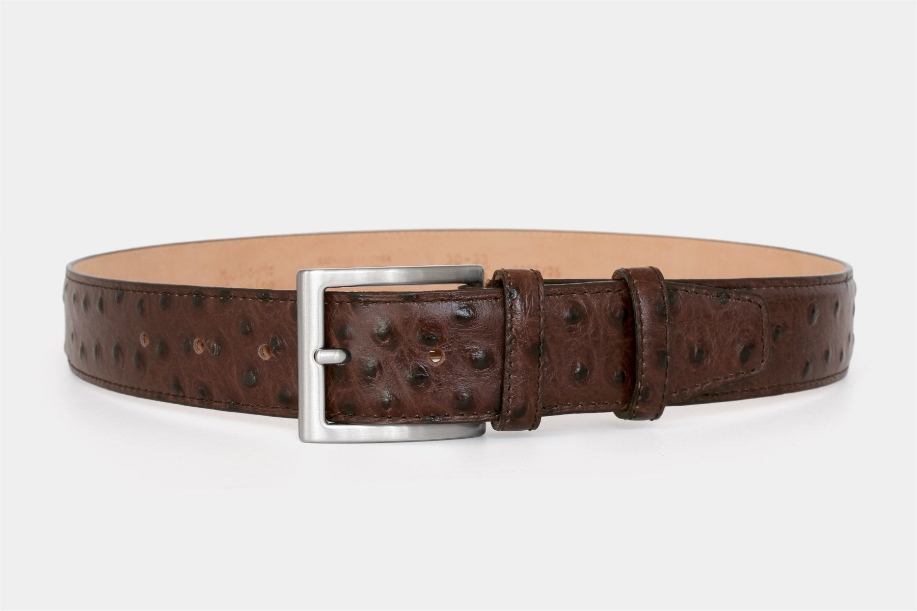 Men's brown ostrich genuine Italian leather belt with solid brass buckle. Handmade in Italy.