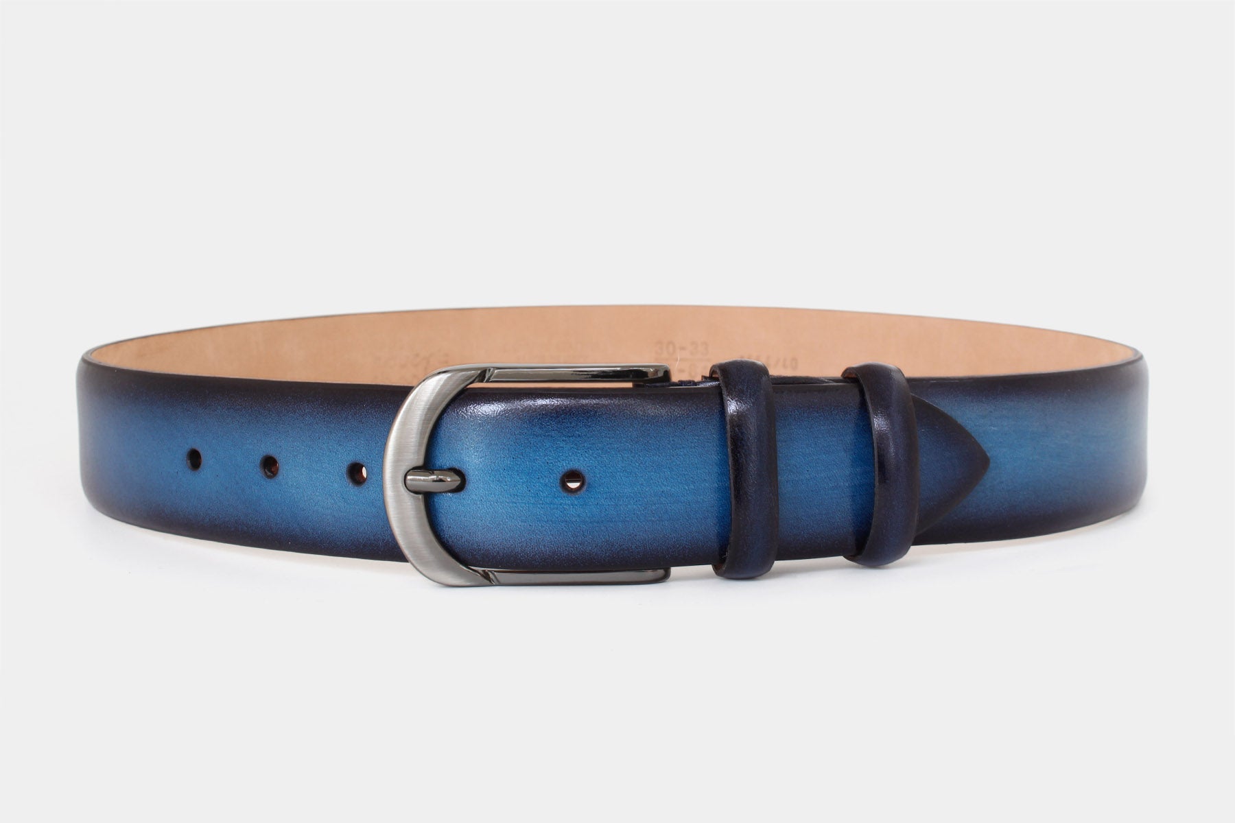 Men's blue handpainted genuine leather belt handmade in Italy with dark grey buckle, 40mm wide.