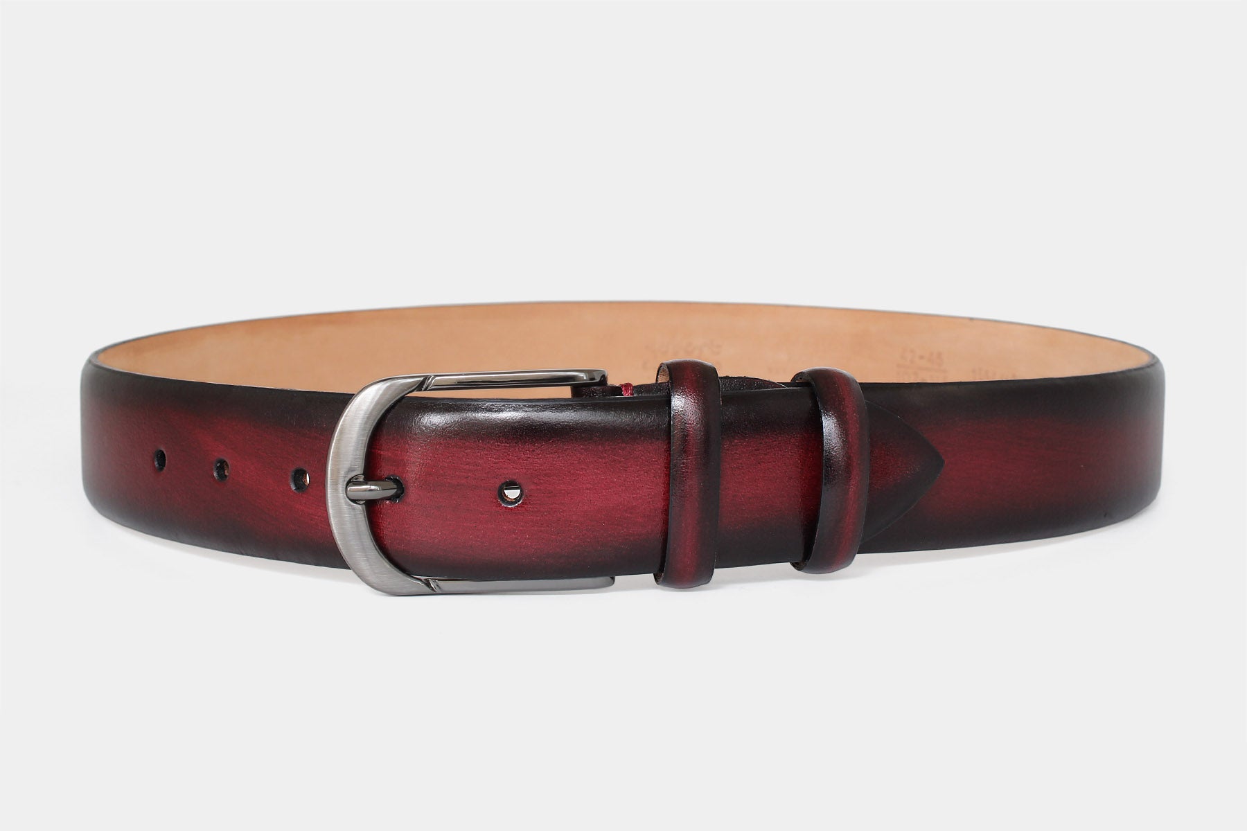 Men's bordeaux handpainted genuine leather belt handmade in Italy with polished gunmetal buckle, 40mm wide.