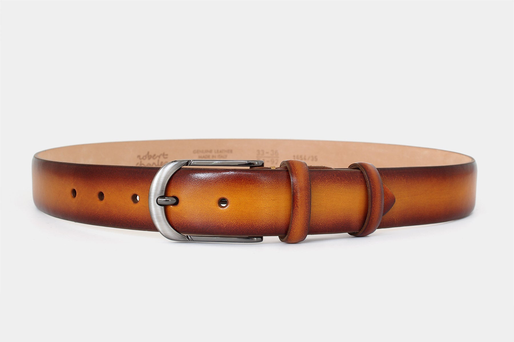 Men's tan handpainted genuine leather belt handmade in Italy with polished gunmetal buckle.