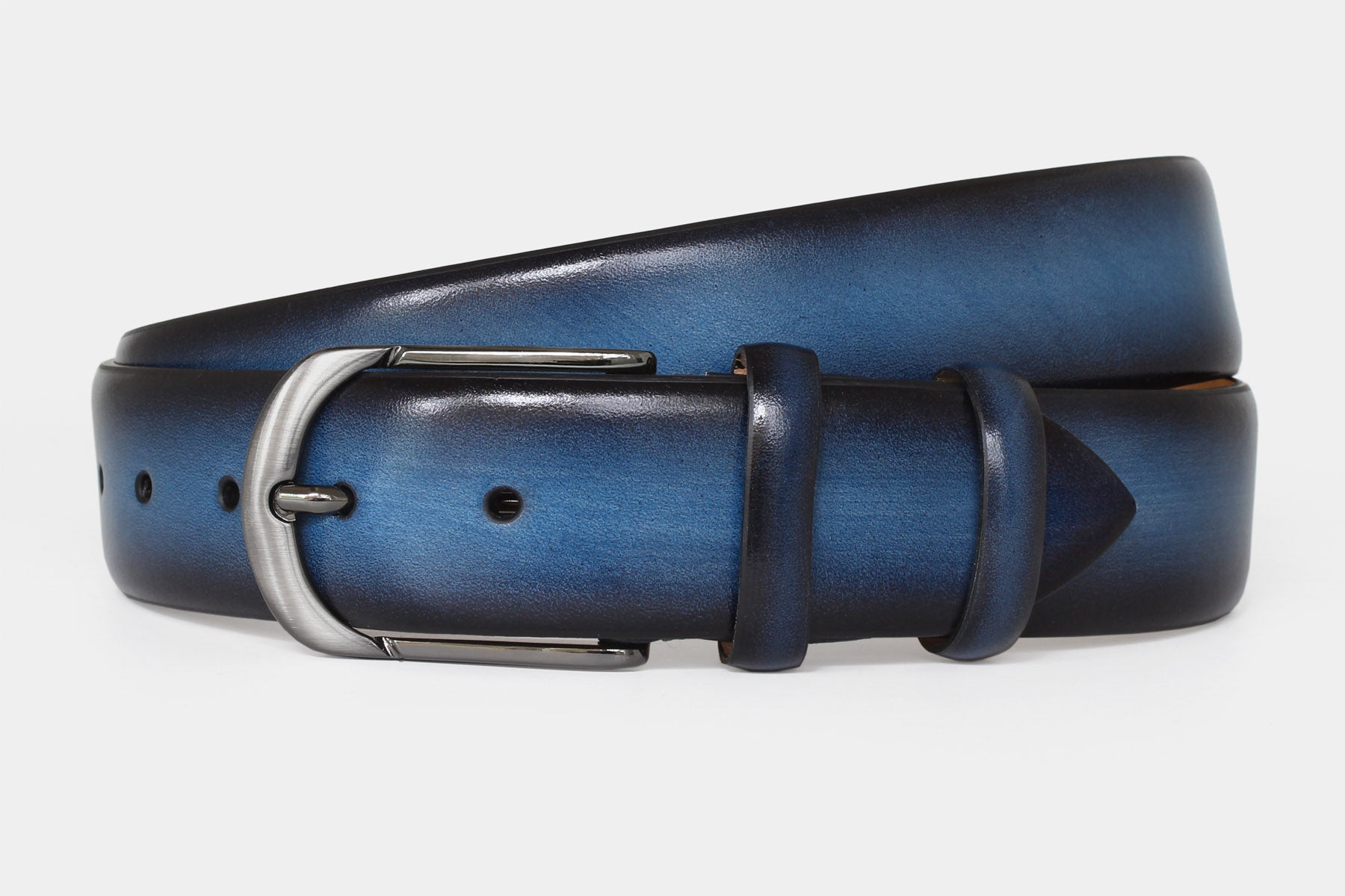 Men's blue handpainted genuine leather belt handmade in Italy with polished gunmetal buckle, 40mm wide