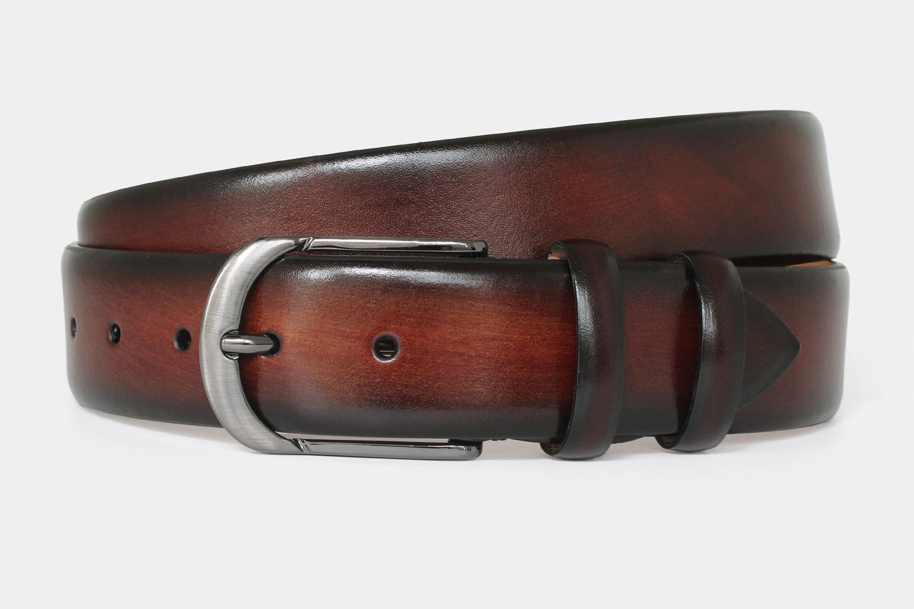 Men's brown handpainted genuine leather belt handmade in Italy with polished gunmetal buckle, 40mm wide