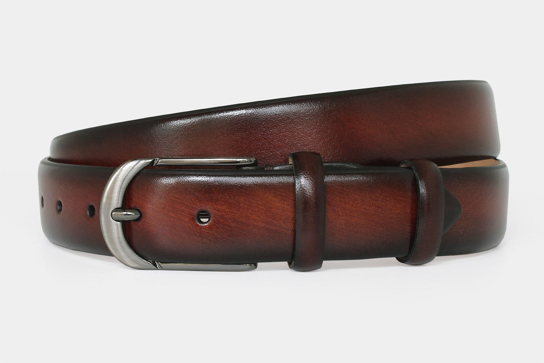 Men's brown handpainted genuine leather belt handmade in Italy with polished gunmetal buckle, angled product view