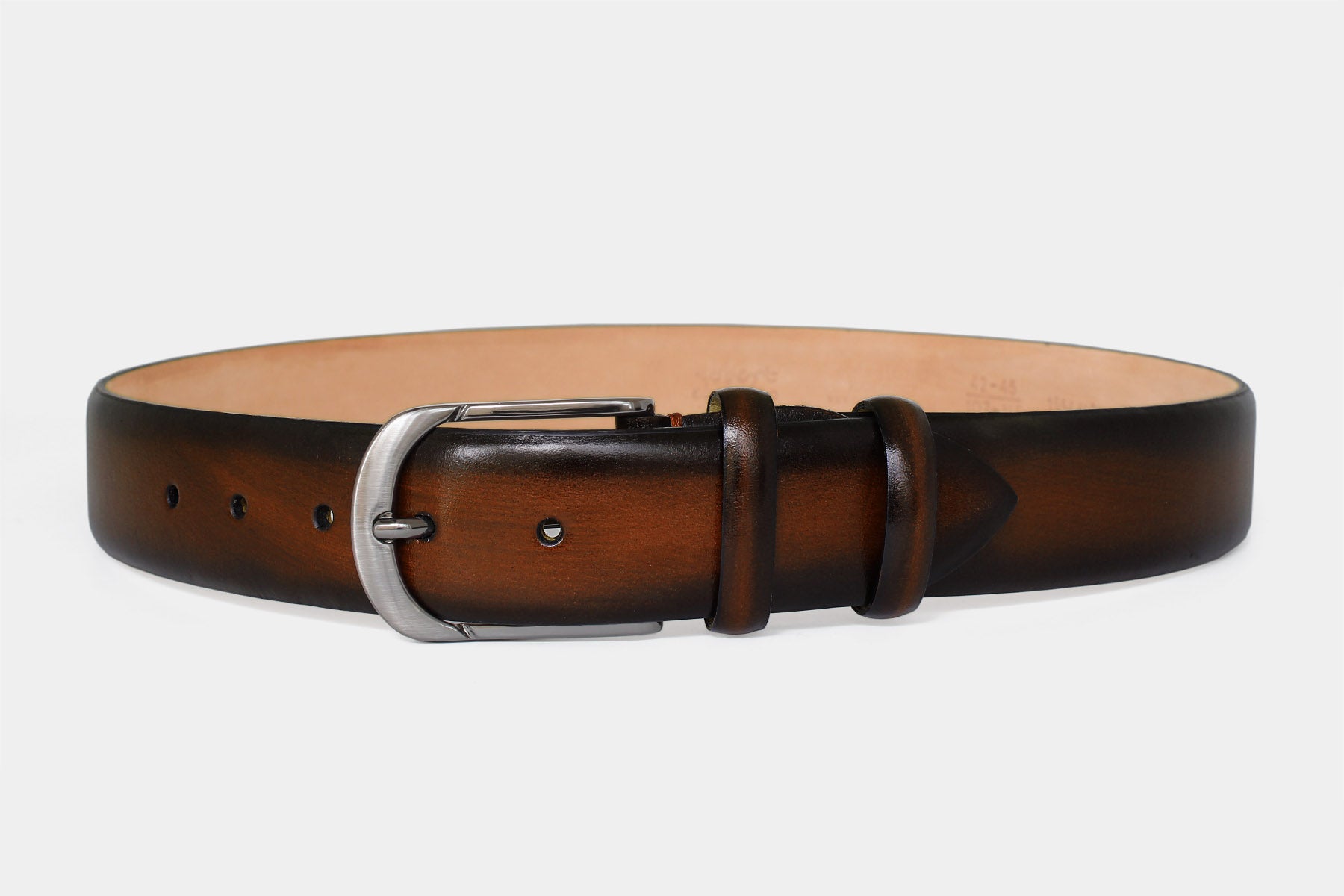 Men's brown handpainted genuine leather belt handmade in Italy with a polished gunmetal buckle.