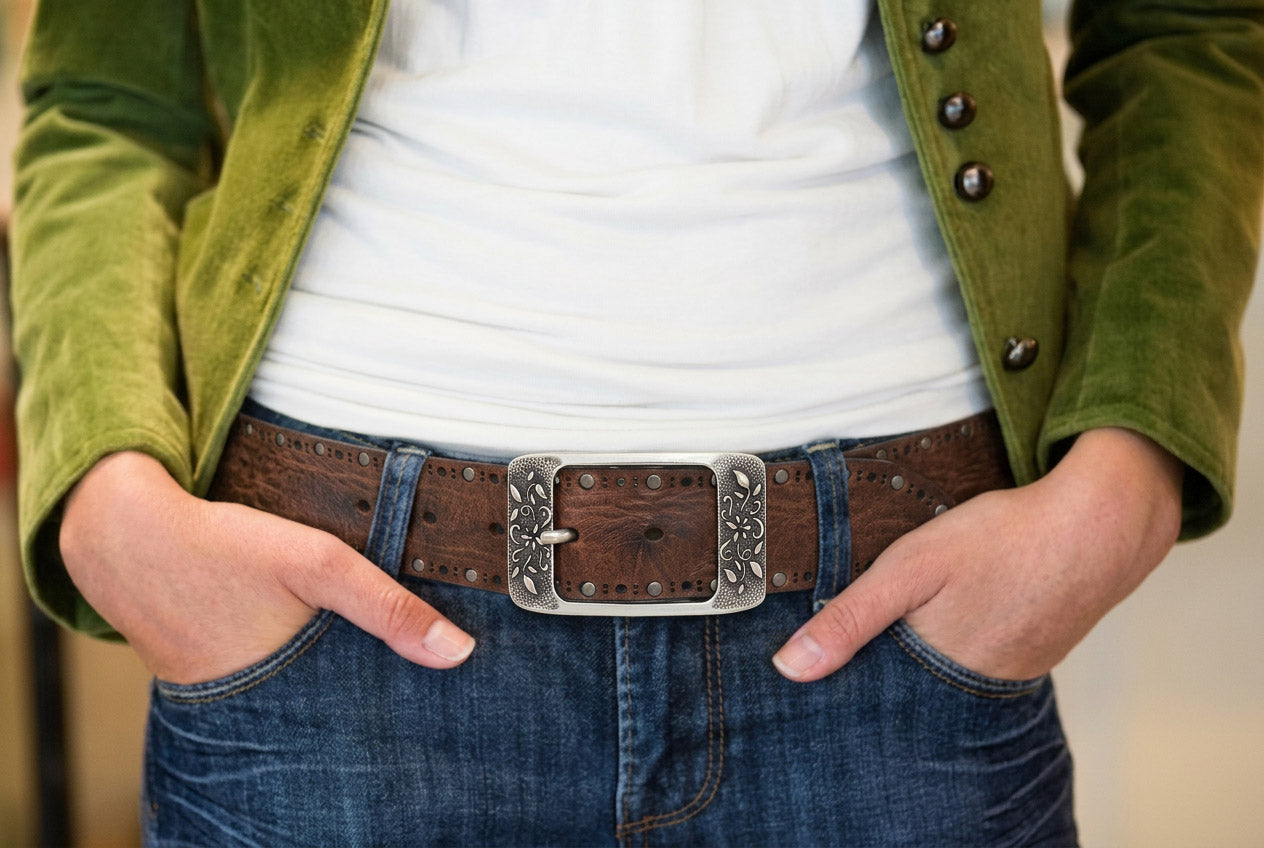 Women’s brown leather belt with floral silver buckle styled with denim and casual jacket