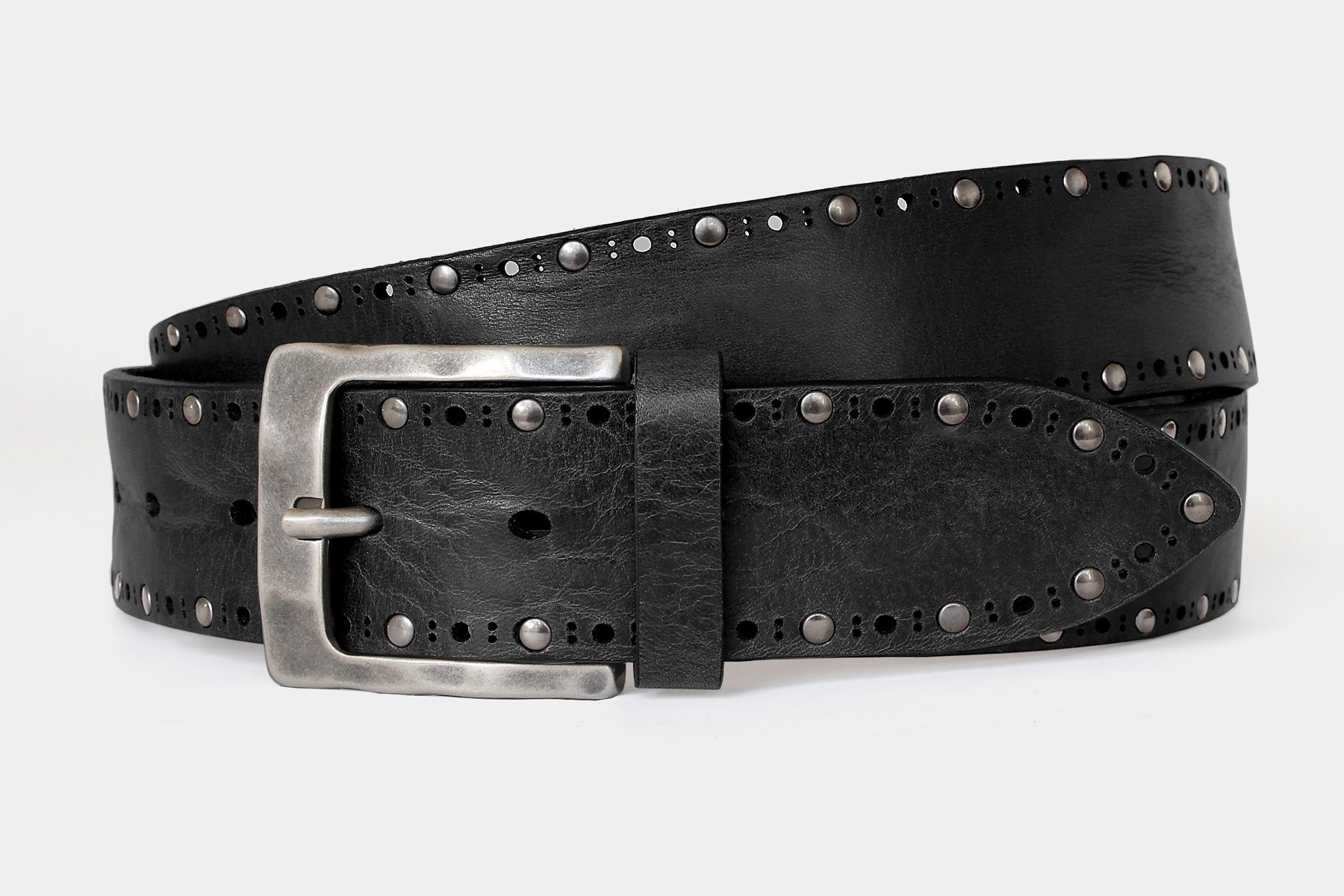 Black solid hide leather belt with studs. Handcrafted in Italy. Made for denim. Western-style.