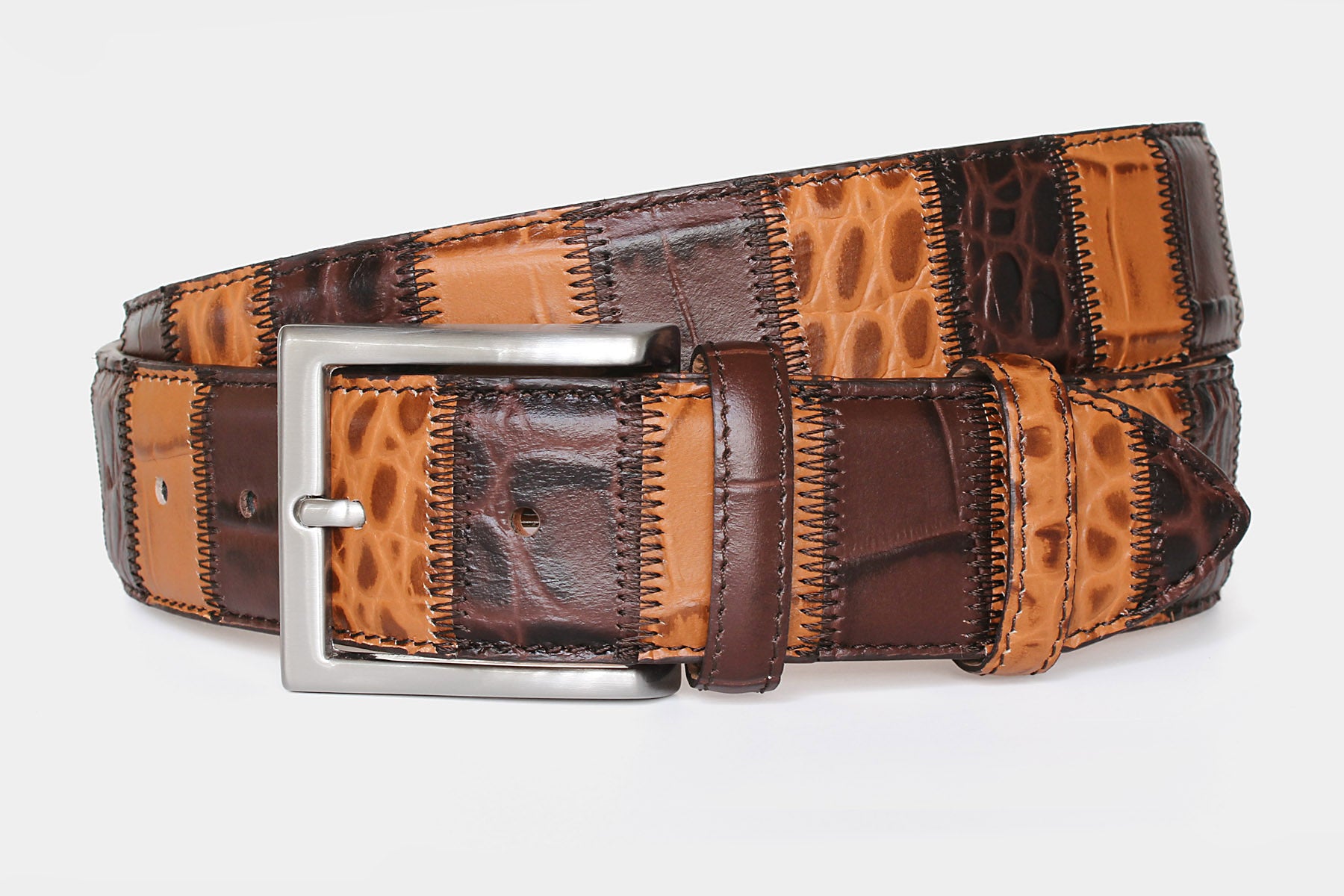 Men’s Italian leather patchwork belt in brown and tan, with solid brass buckle in 40mm width. Handcrafted in Italy.