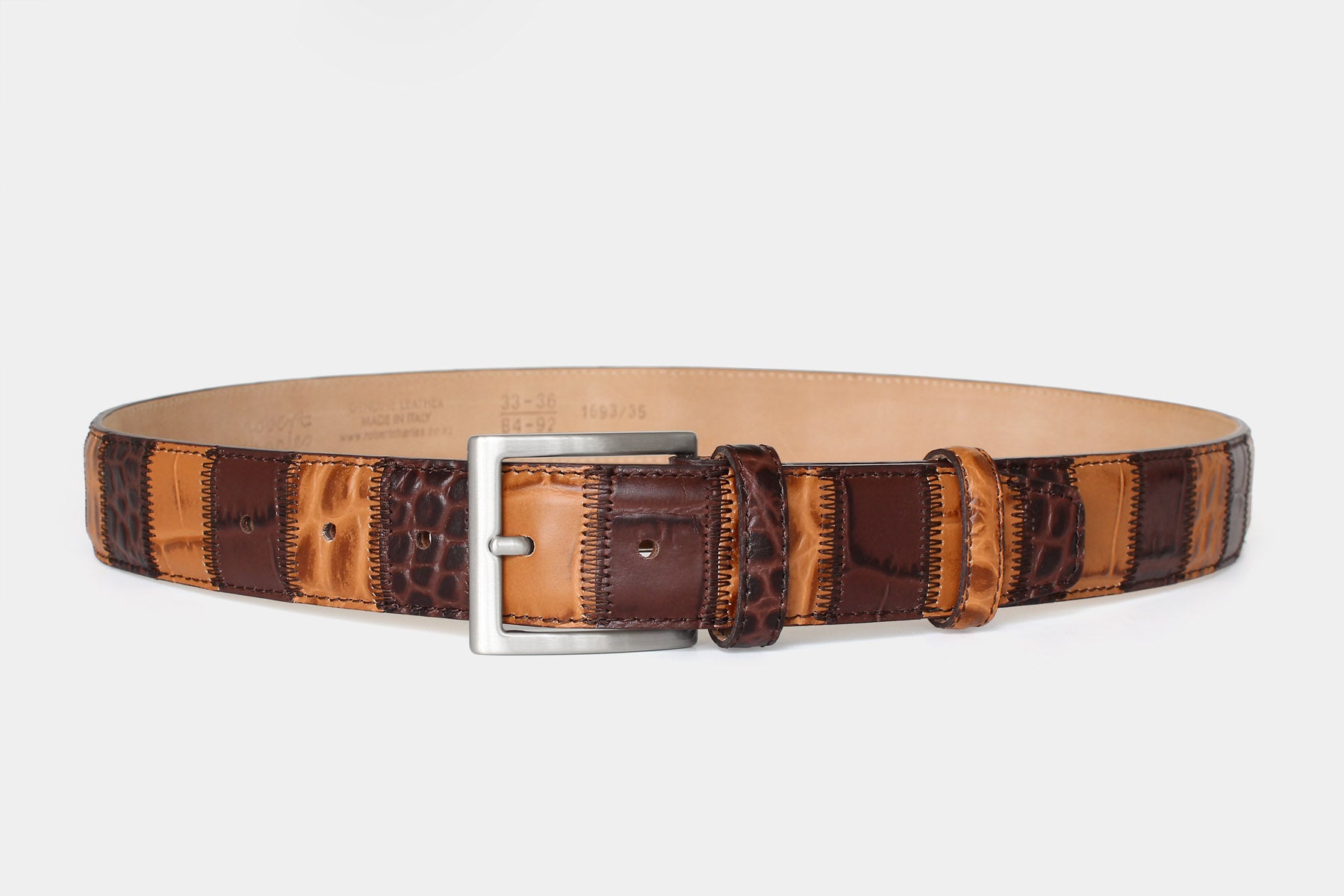 Men’s patchwork leather belt – Italian leather in brown and tan – solid brass buckle – 35mm - Robert Charles