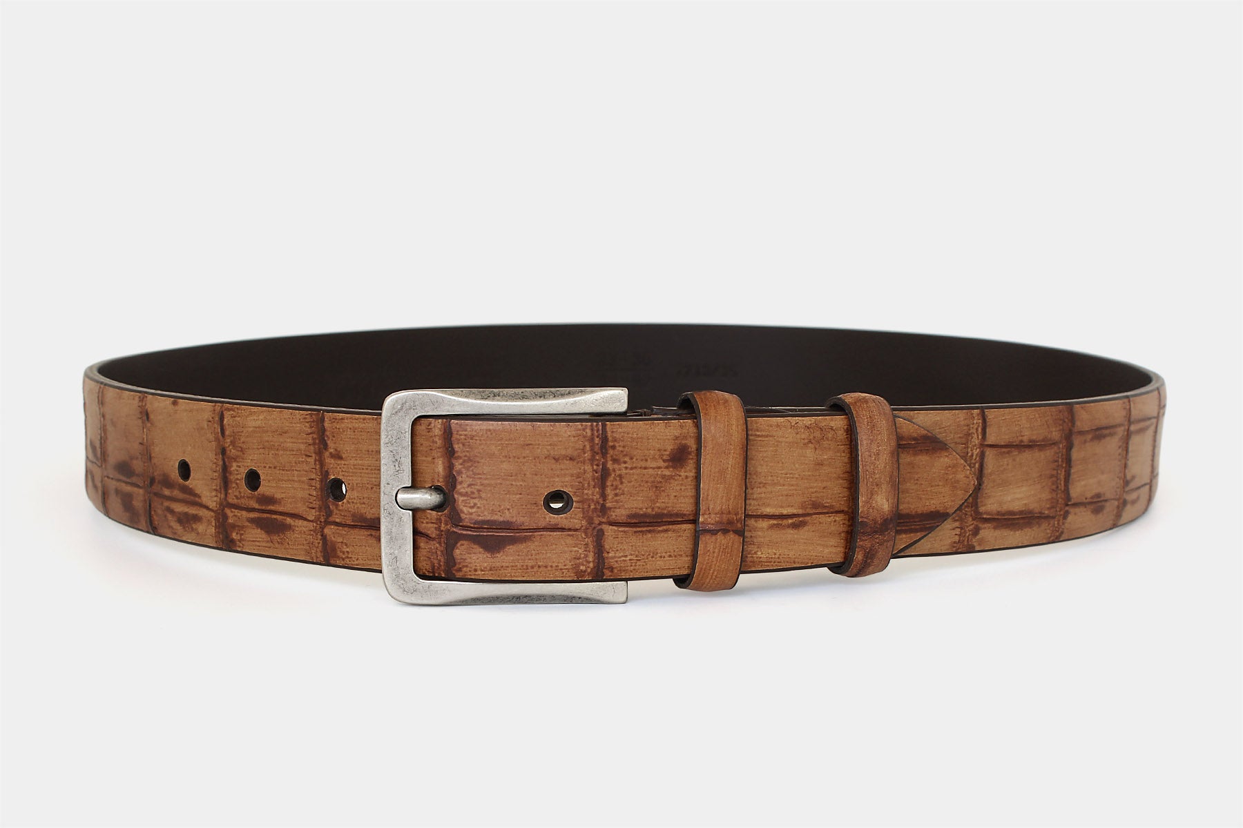 Men's tan crocodile genuine Italian leather belt in matte finish with solid brass buckle. Handmade in Italy.