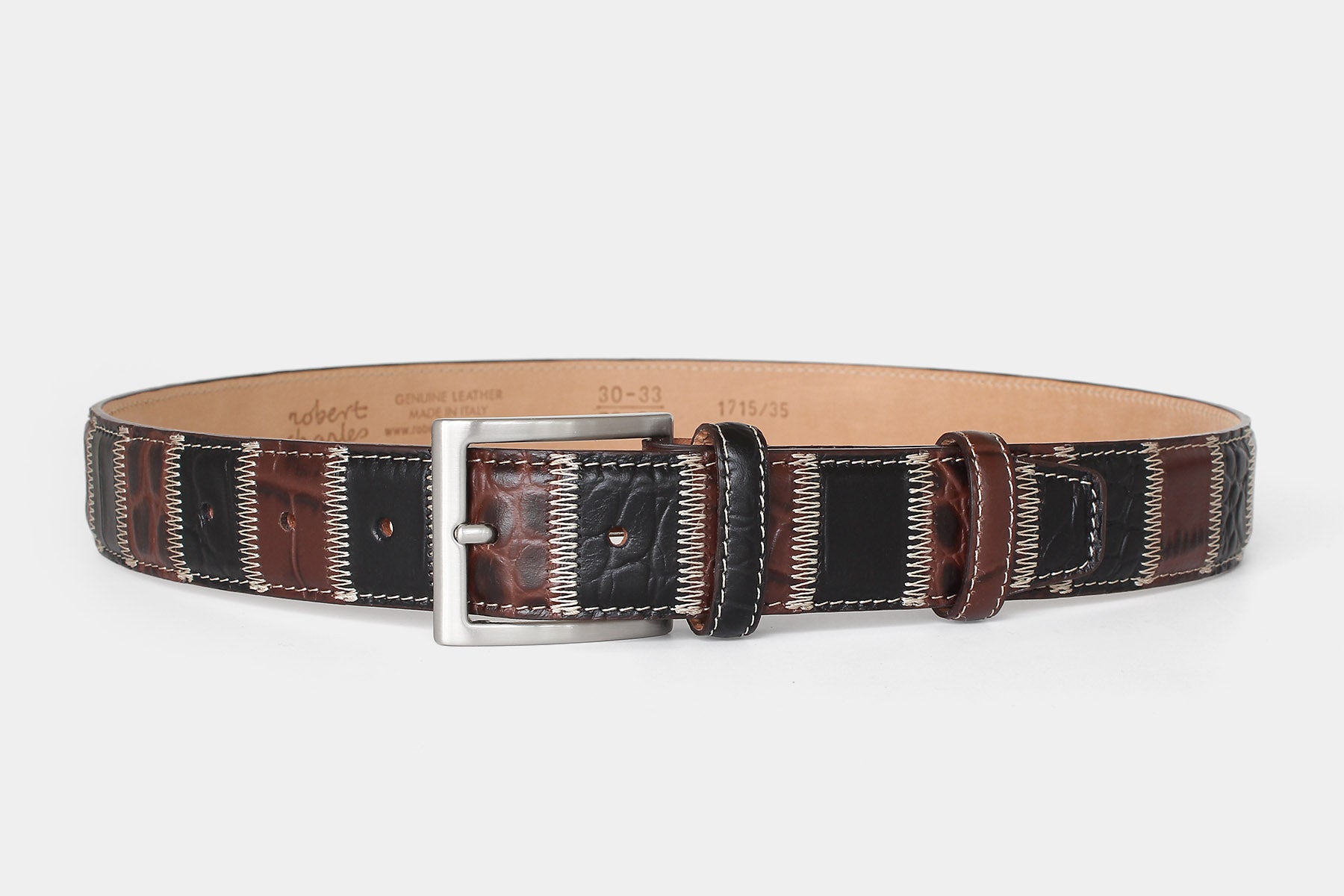 Men's patchwork leather belt – black and brown genuine Italian leather – solid brass buckle – 35mm - Robert Charles
