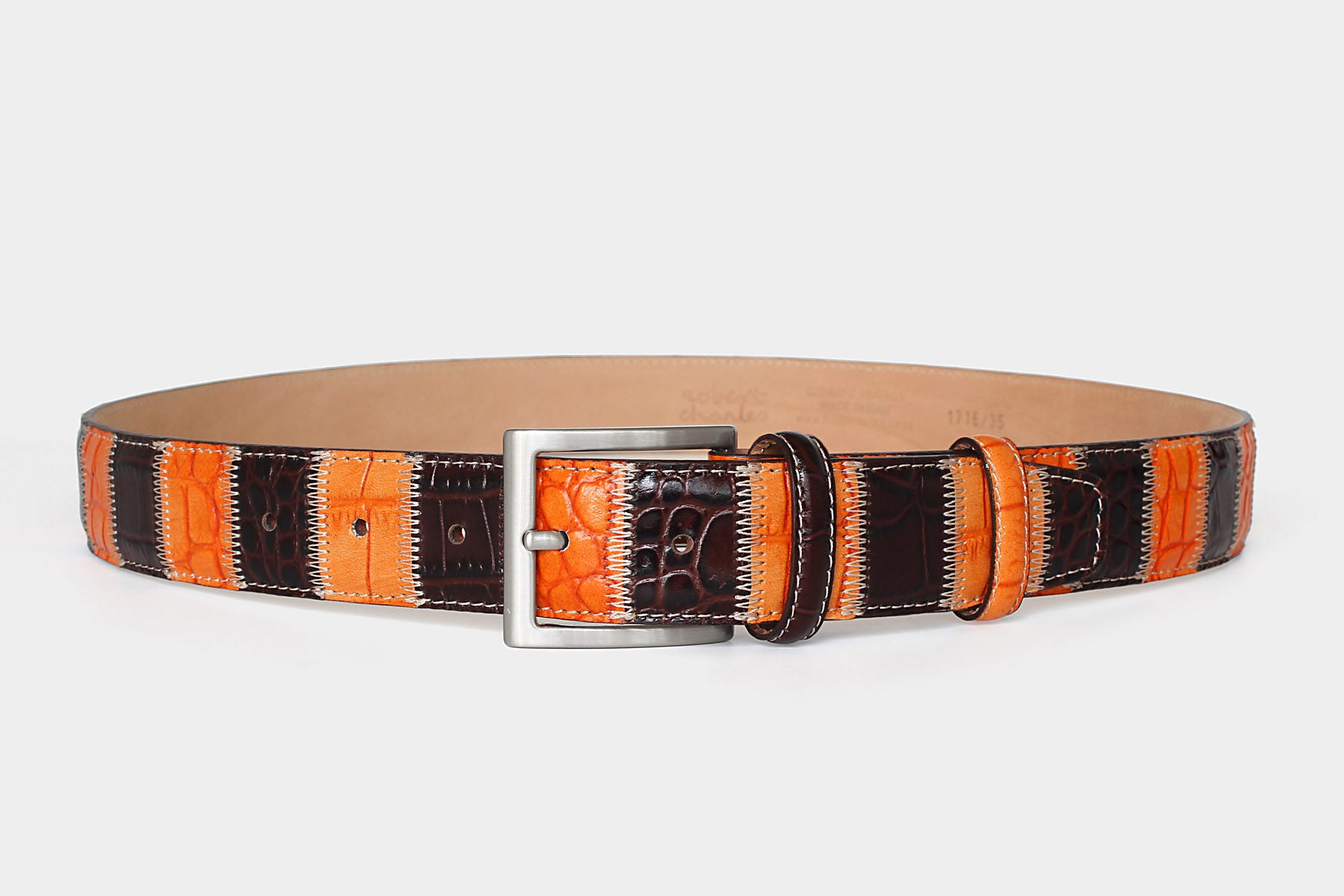 Men’s patchwork leather belt – Italian leather in brown and orange – solid brass buckle – 35mm - Robert Charles