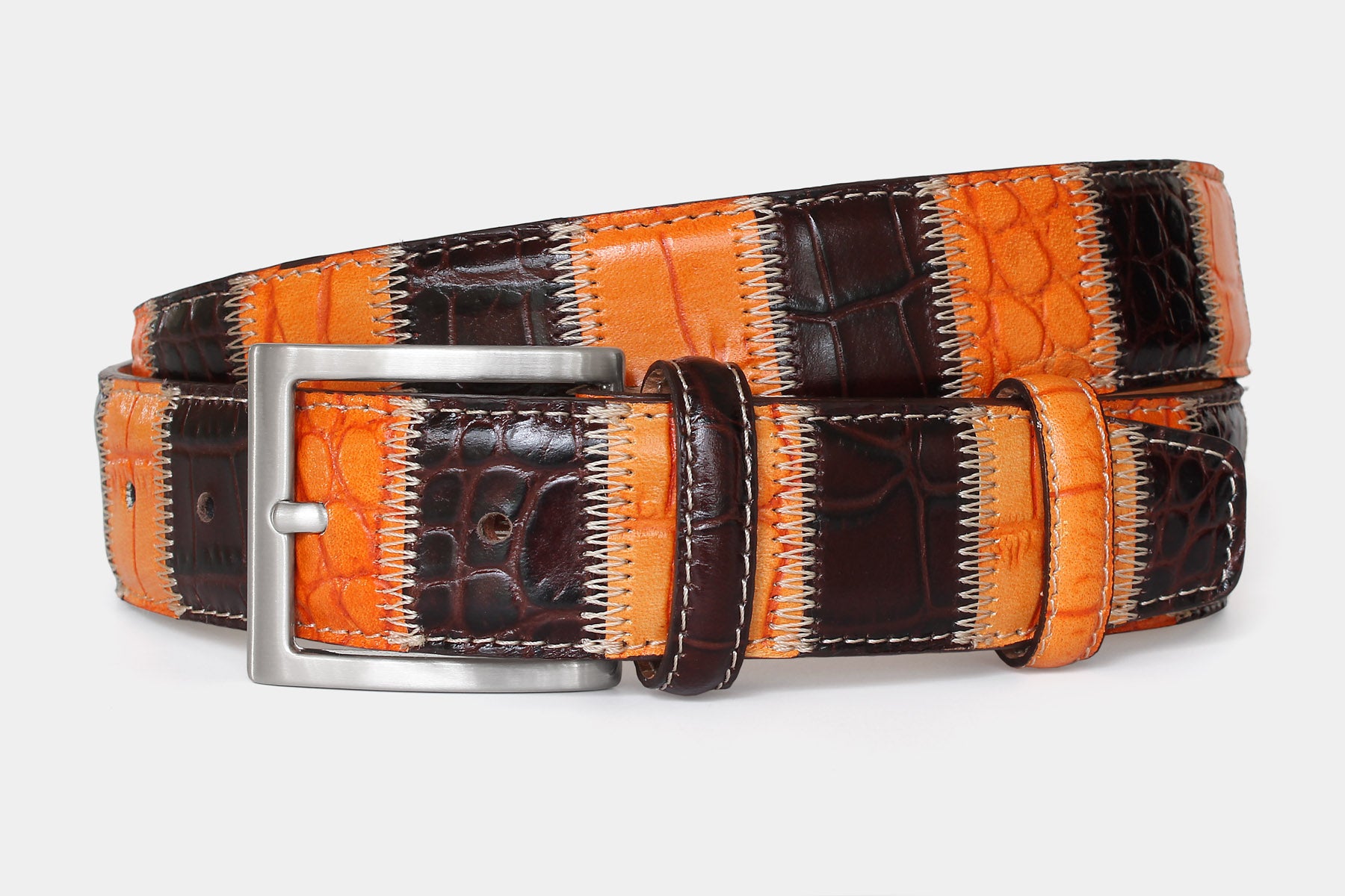 Men’s Italian leather patchwork belt in brown and orange, with solid brass buckle. Individually handcrafted in Italy.