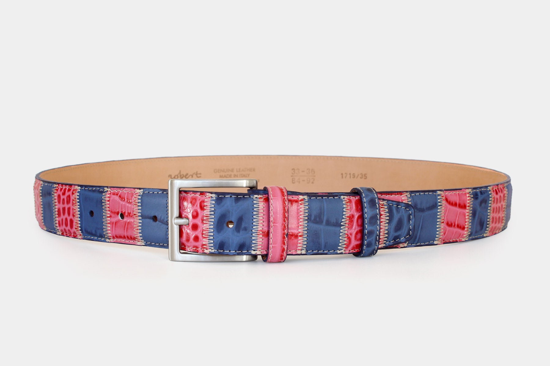 Men’s patchwork leather belt – Italian leather in blue and pink – solid brass buckle – 35mm - Robert Charles