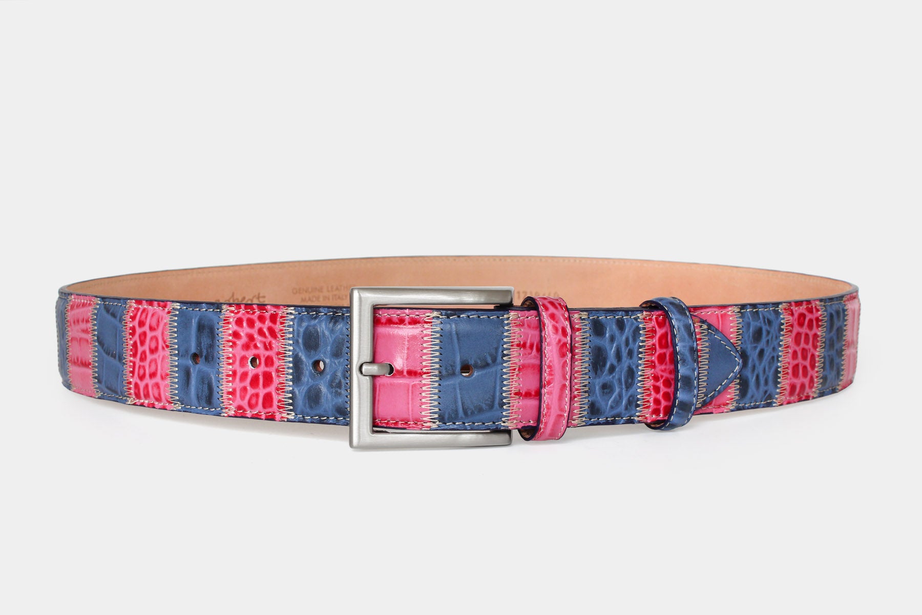Men’s patchwork leather belt – Italian leather in blue and pink – solid brass buckle – 40mm - Robert Charles