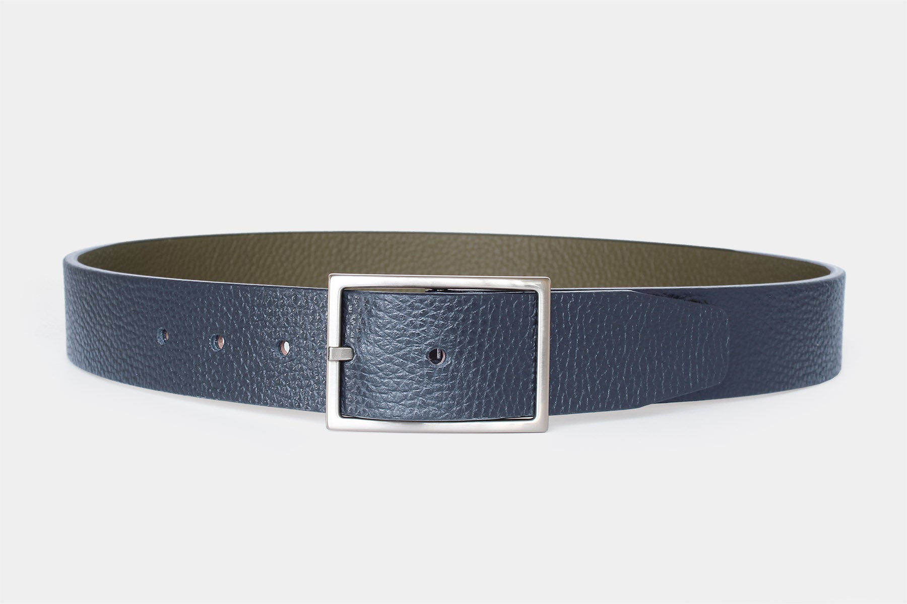 Men’s reversible navy and olive leather belt, handmade in Italy from genuine leather with a silver buckle.