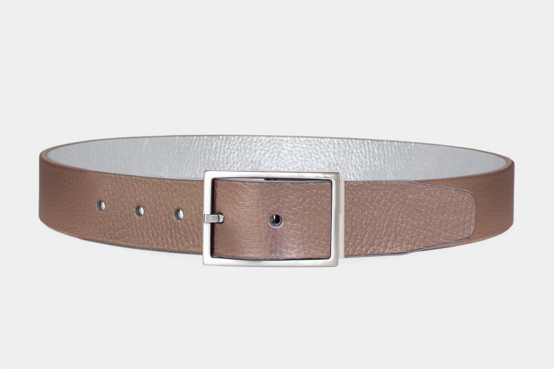 Handcrafted Italian reversible leather belt in bronze and silver with polished silver buckle